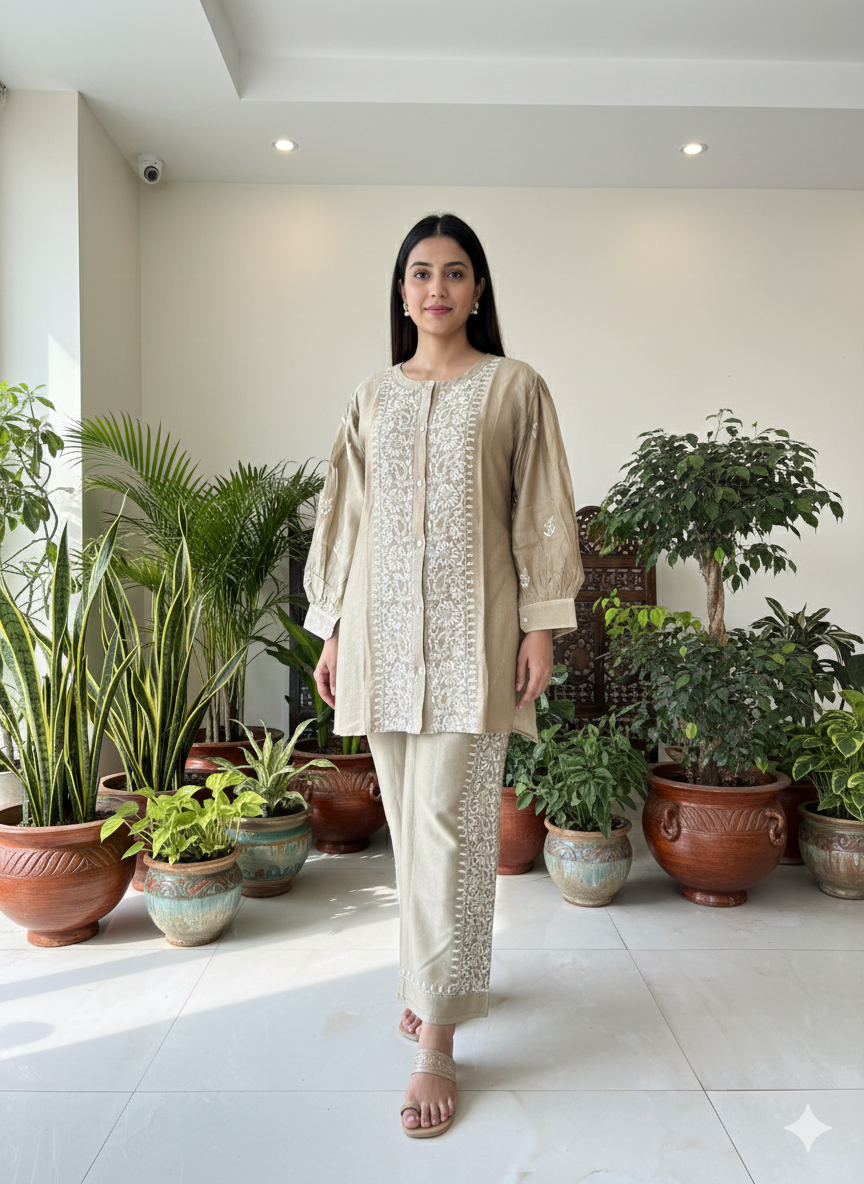 Brown Chanderi Silk Chikankari Co-ord Set