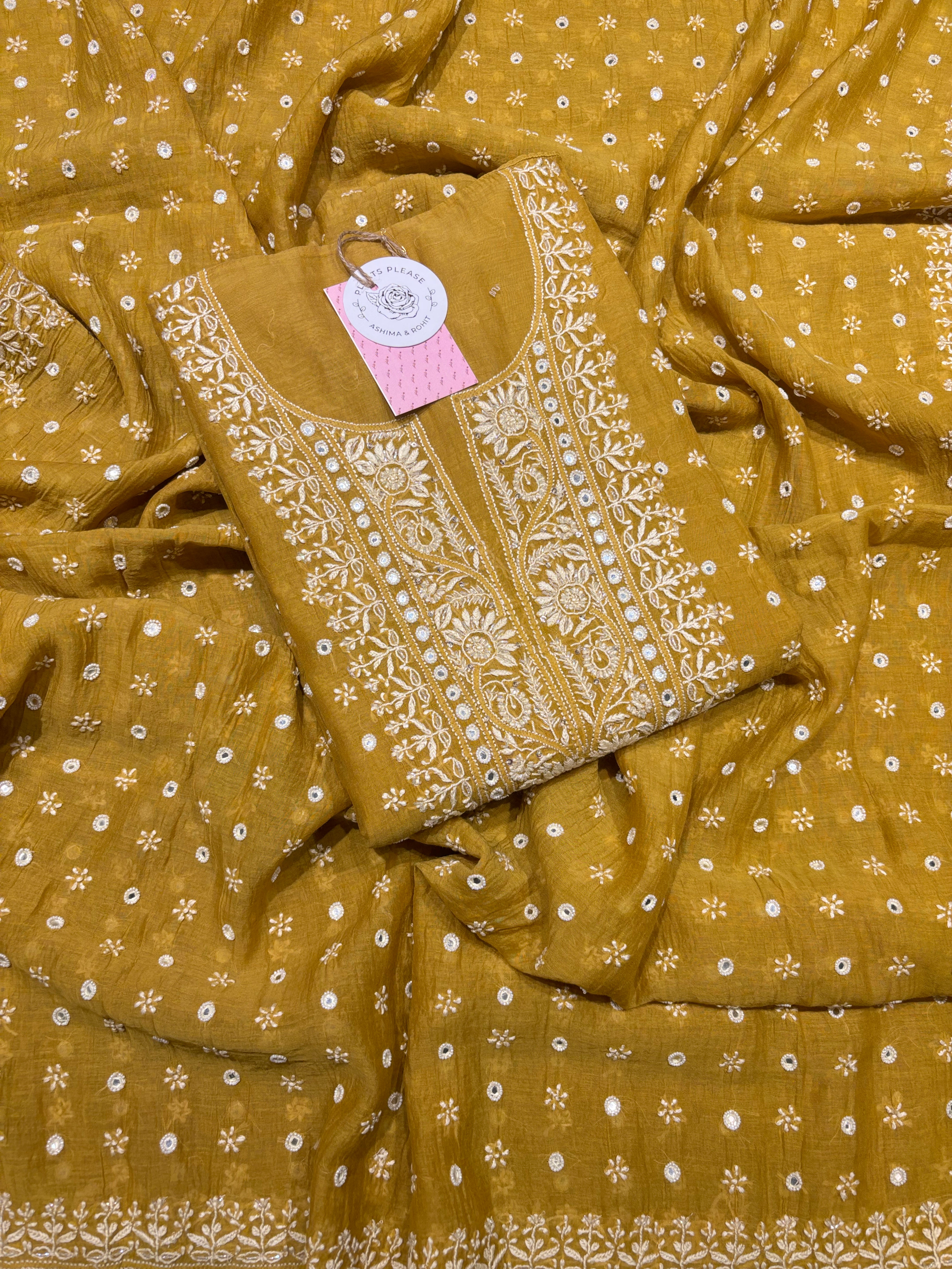 Mustard Chanderi Mul Chikankari Kurta and Dupatta Set