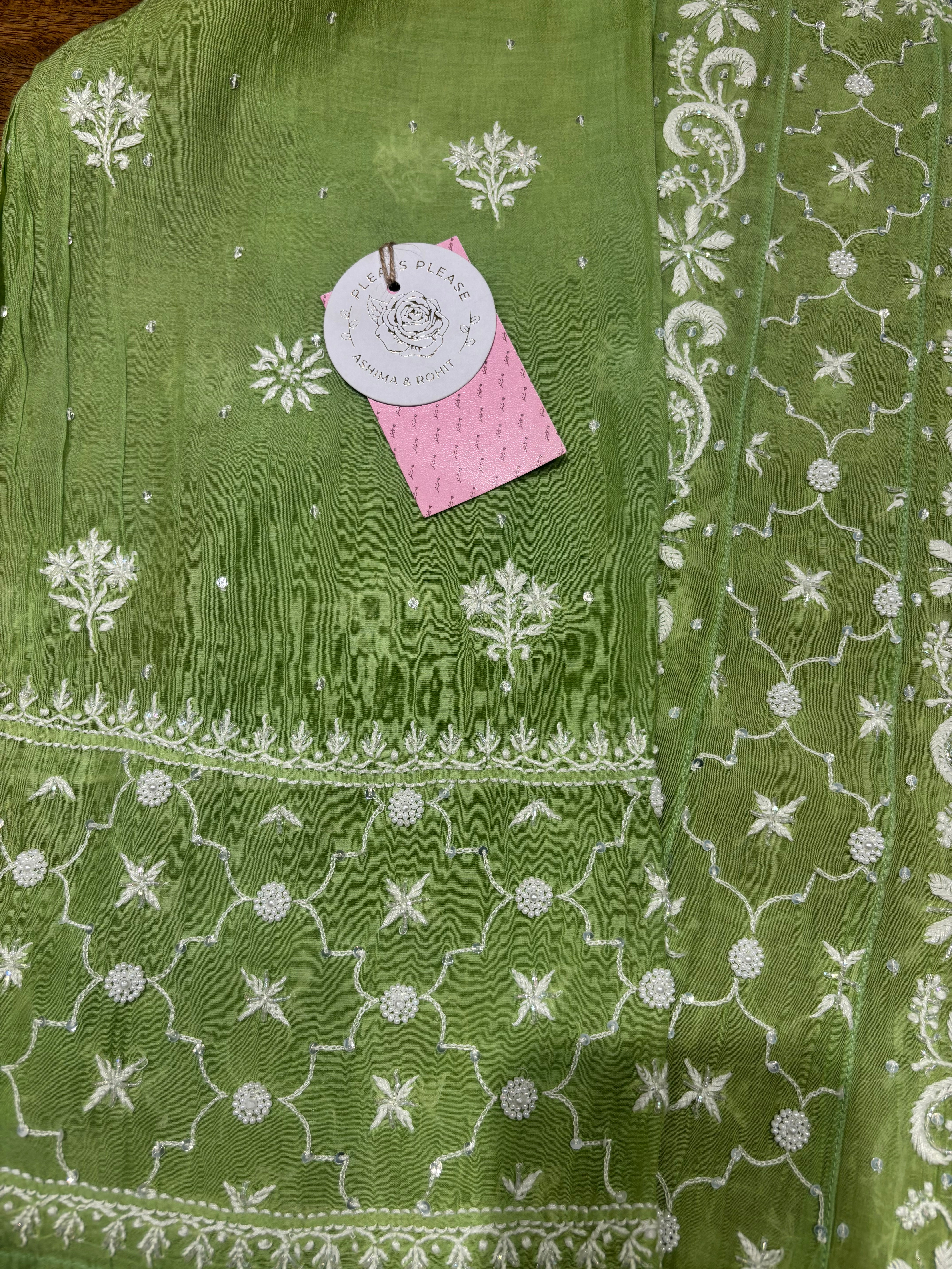 Mint Green Chanderi Mul Chikankari Anarkali & Dupatta Set