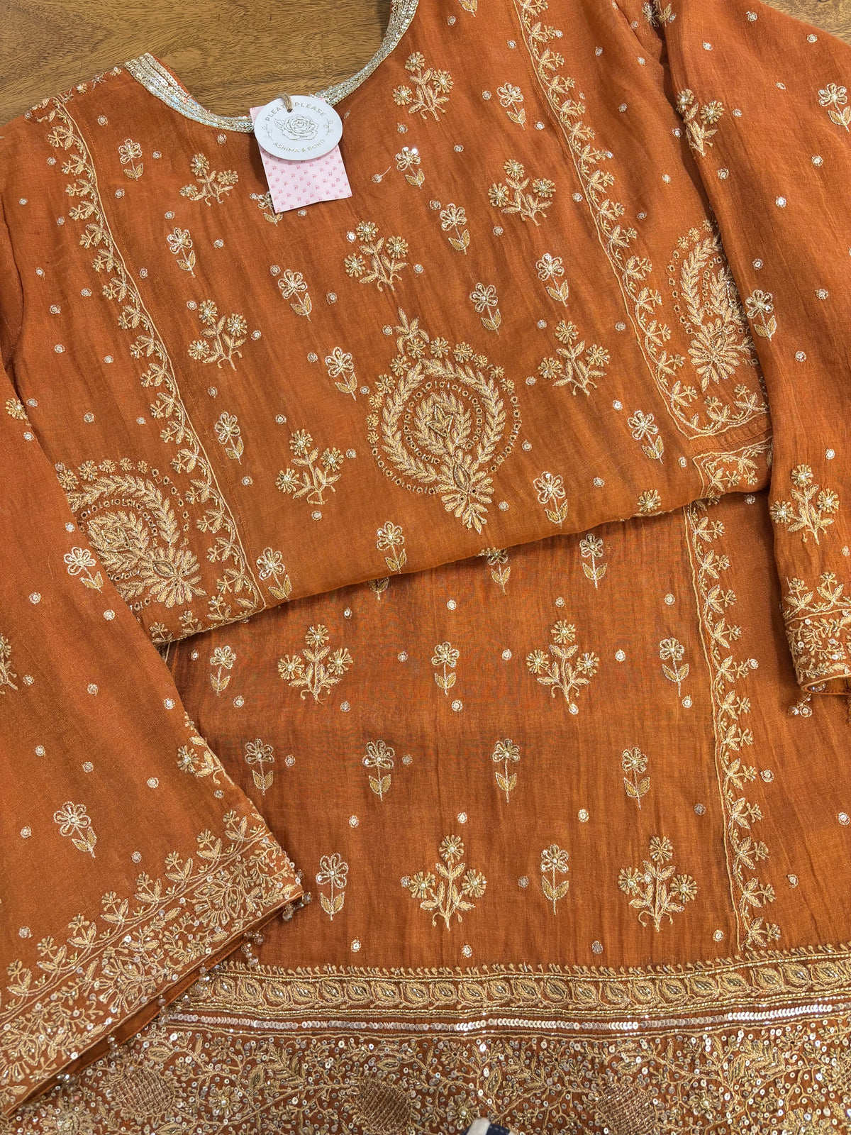 Burnt Orange Pure & Premium Tissue Chikankari Anarkali And Dupatta With Bottom