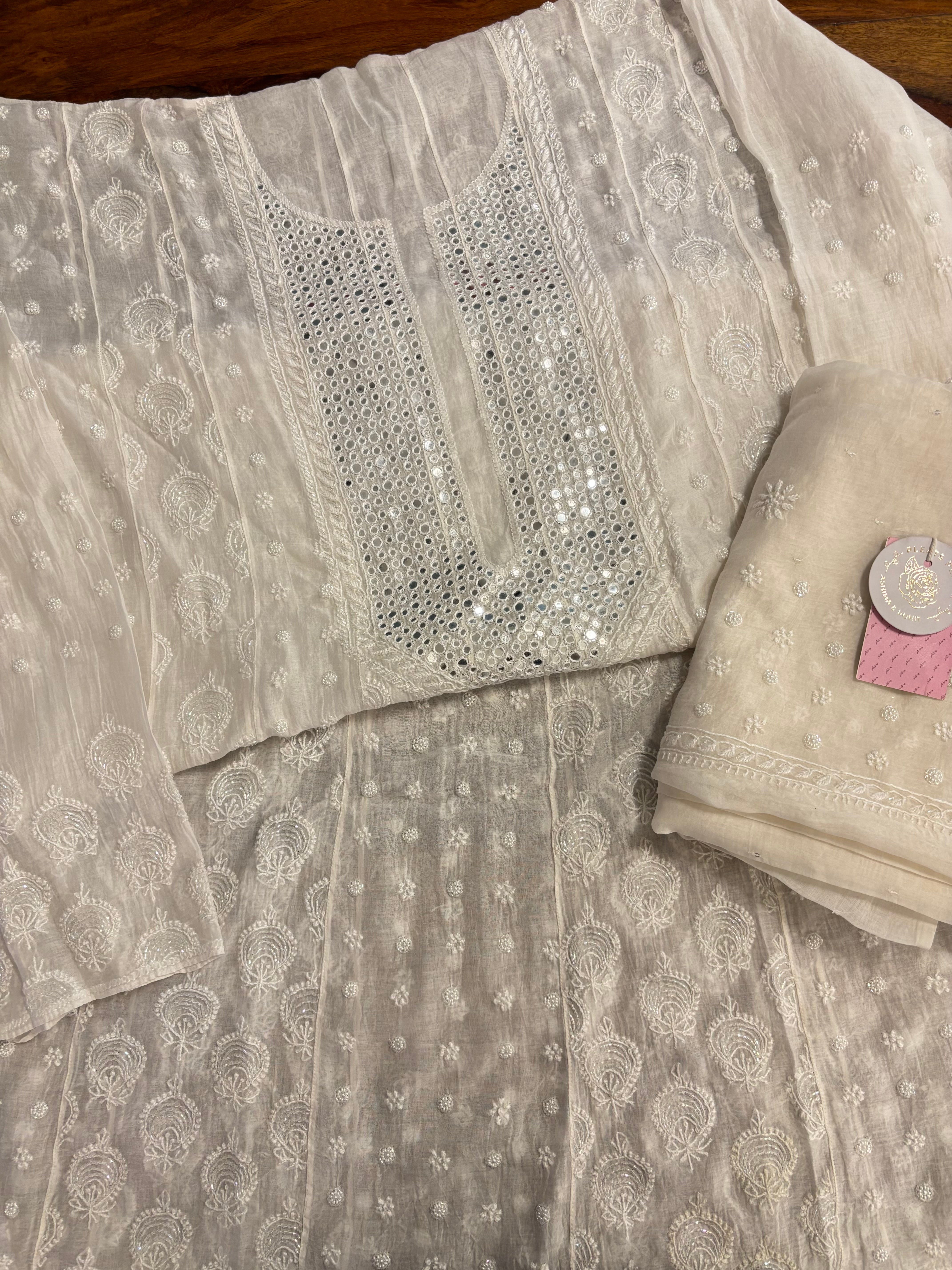 Dyeable Chanderi Mirror Chikankari Anarkali & Dupatta Set - Pleats PleaseChikankari