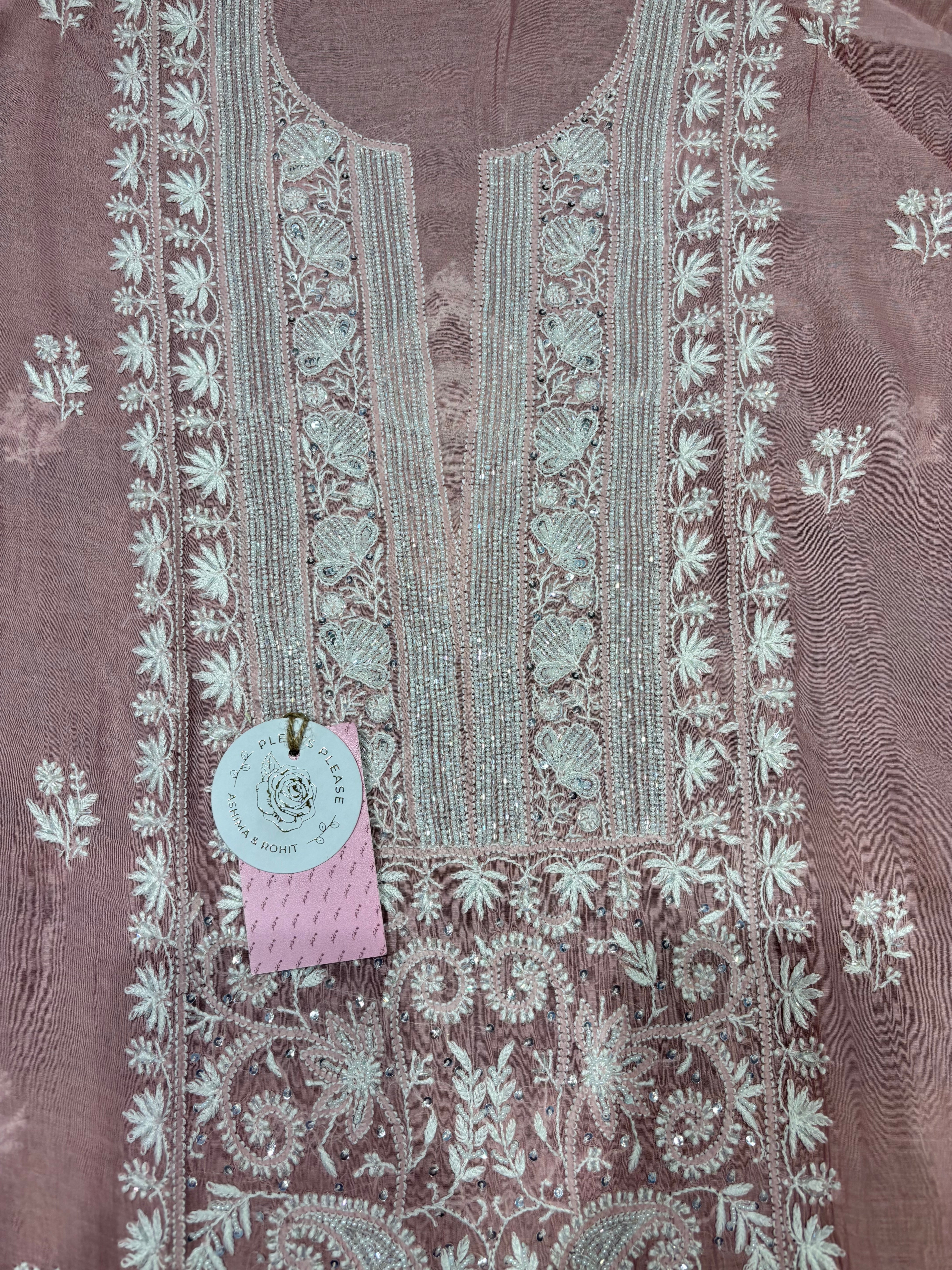 Oyster Pink Chanderi Mul Chikankari Kurta and Dupatta Set