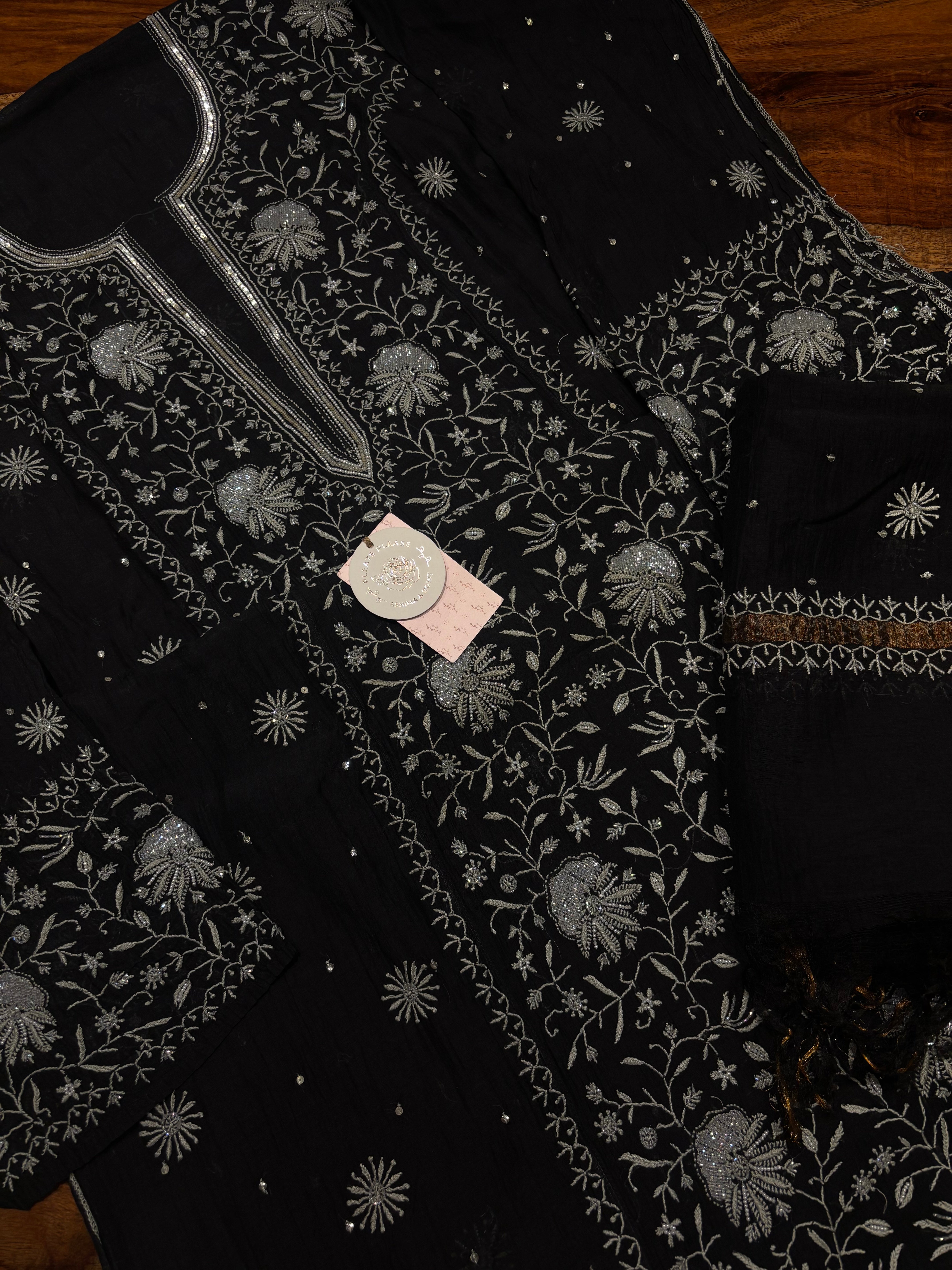 Black Chanderi Mul Chikankari Kurta & Dupatta Set