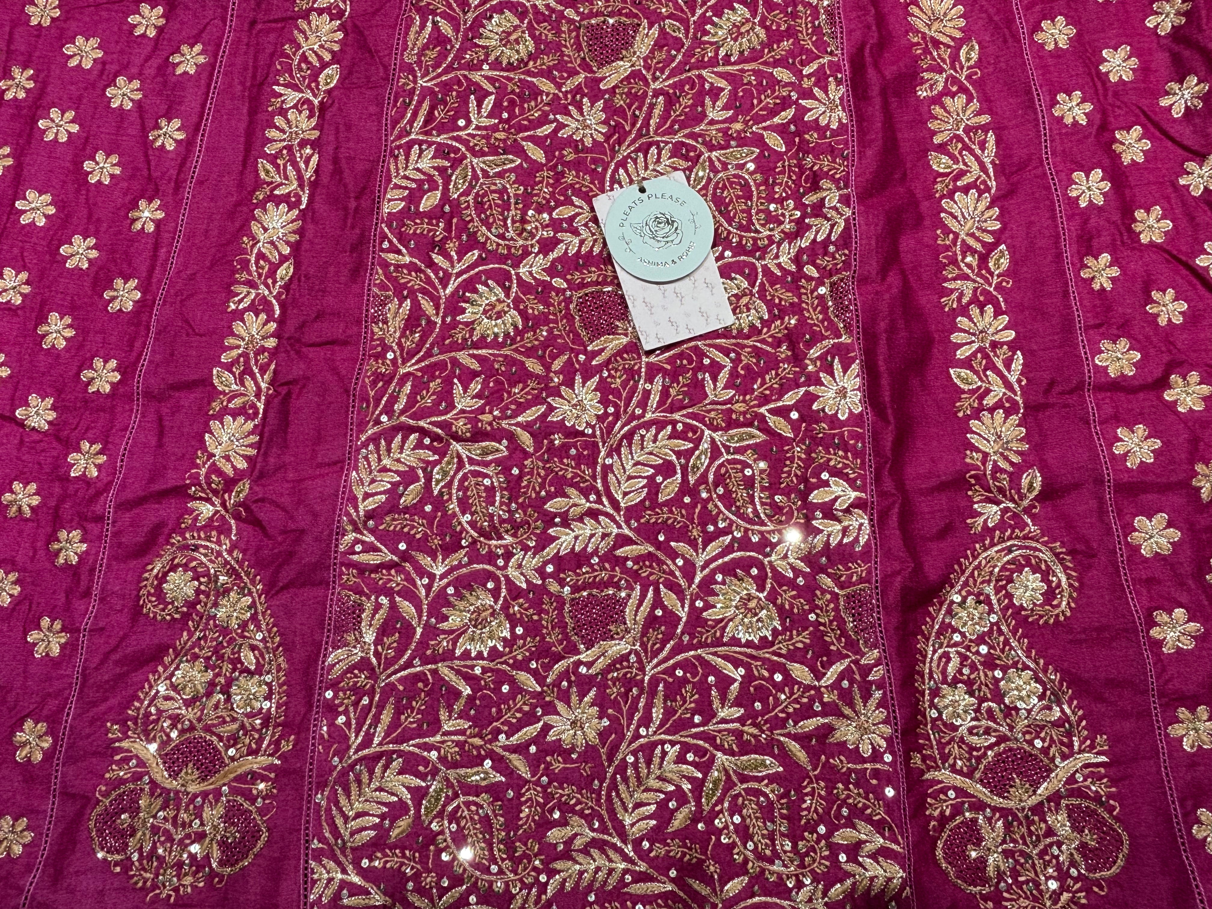 Fuschia Pink Monga Silk Chikankari A-Line Anarkali & Dupatta Set