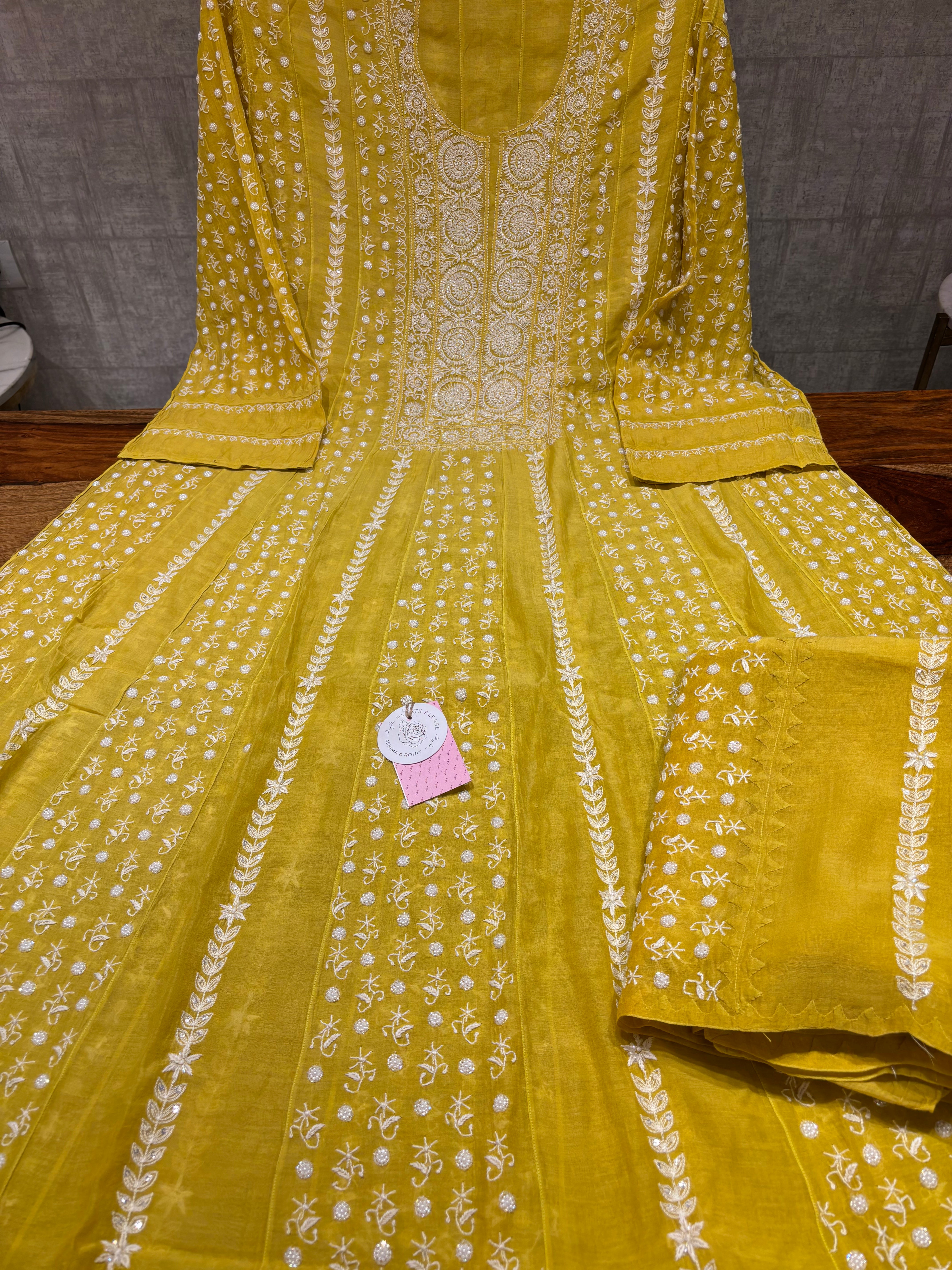 Lime Yellow Chanderi Mul Chikankari Anarkali & Dupatta Set