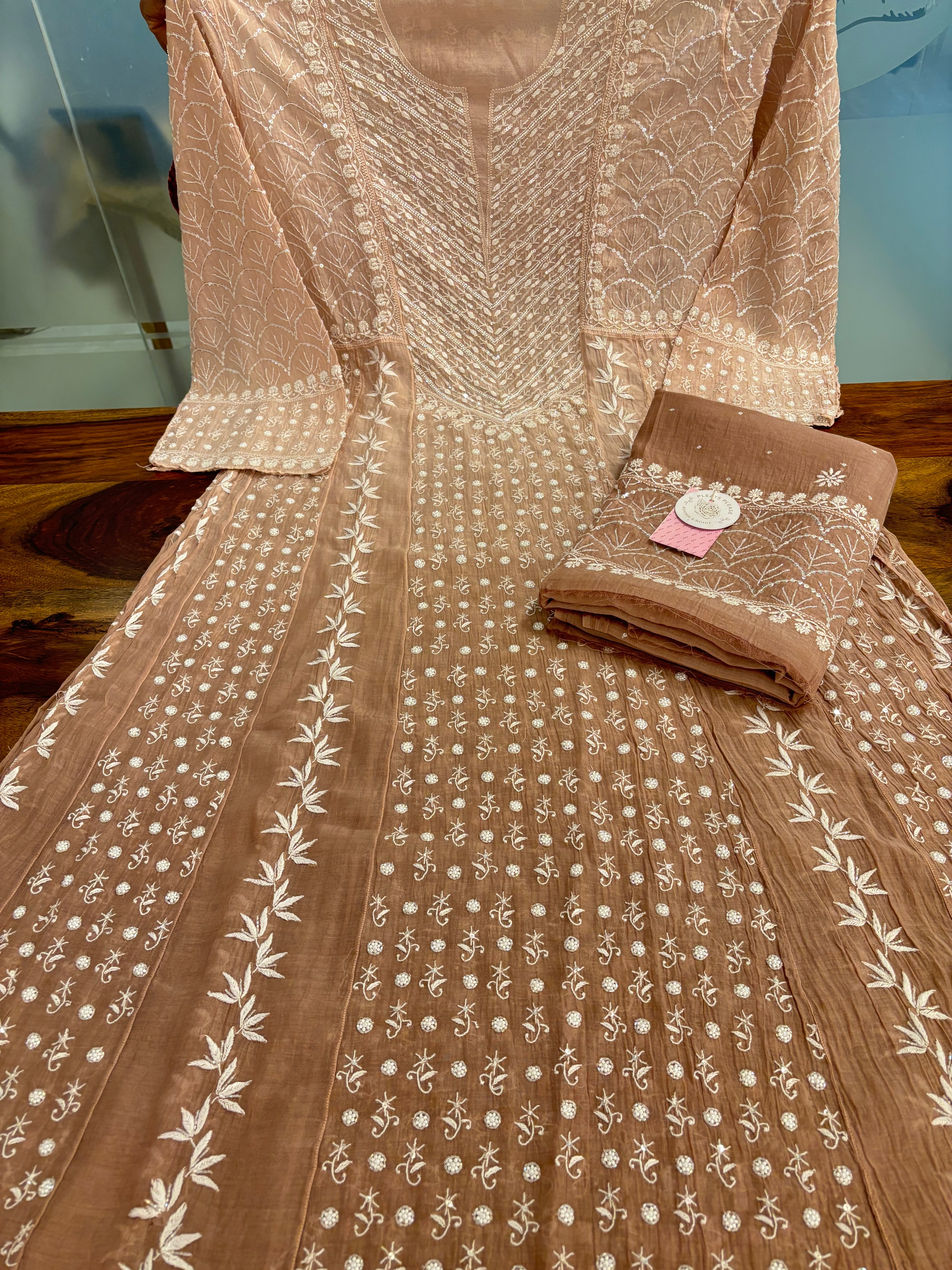 Rosewood Taupe Ombré Chanderi Mul Chikankari Anarkali & Dupatta Set