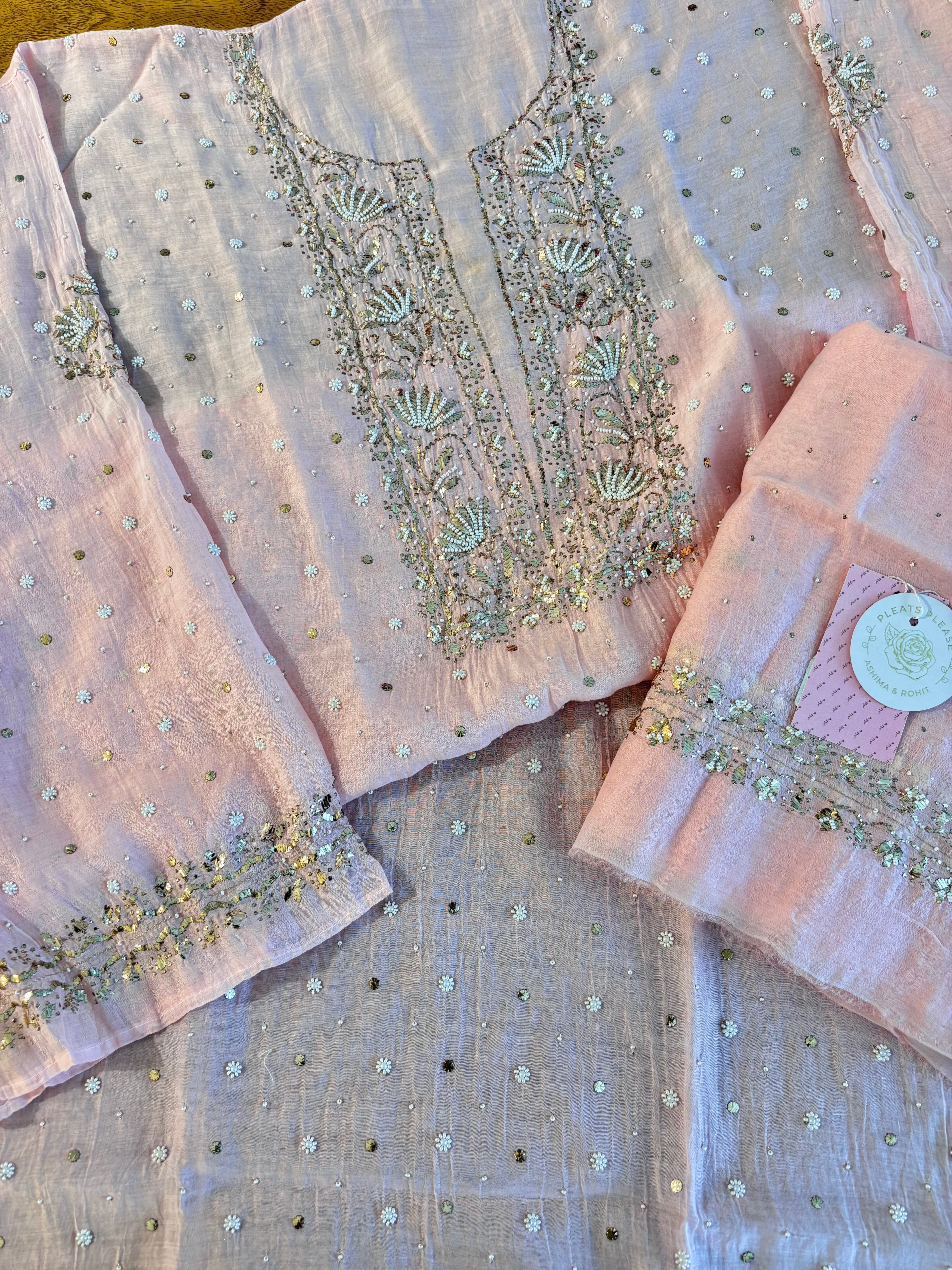 Baby Pink Chanderi Mul Mukaish Kurta & Dupatta