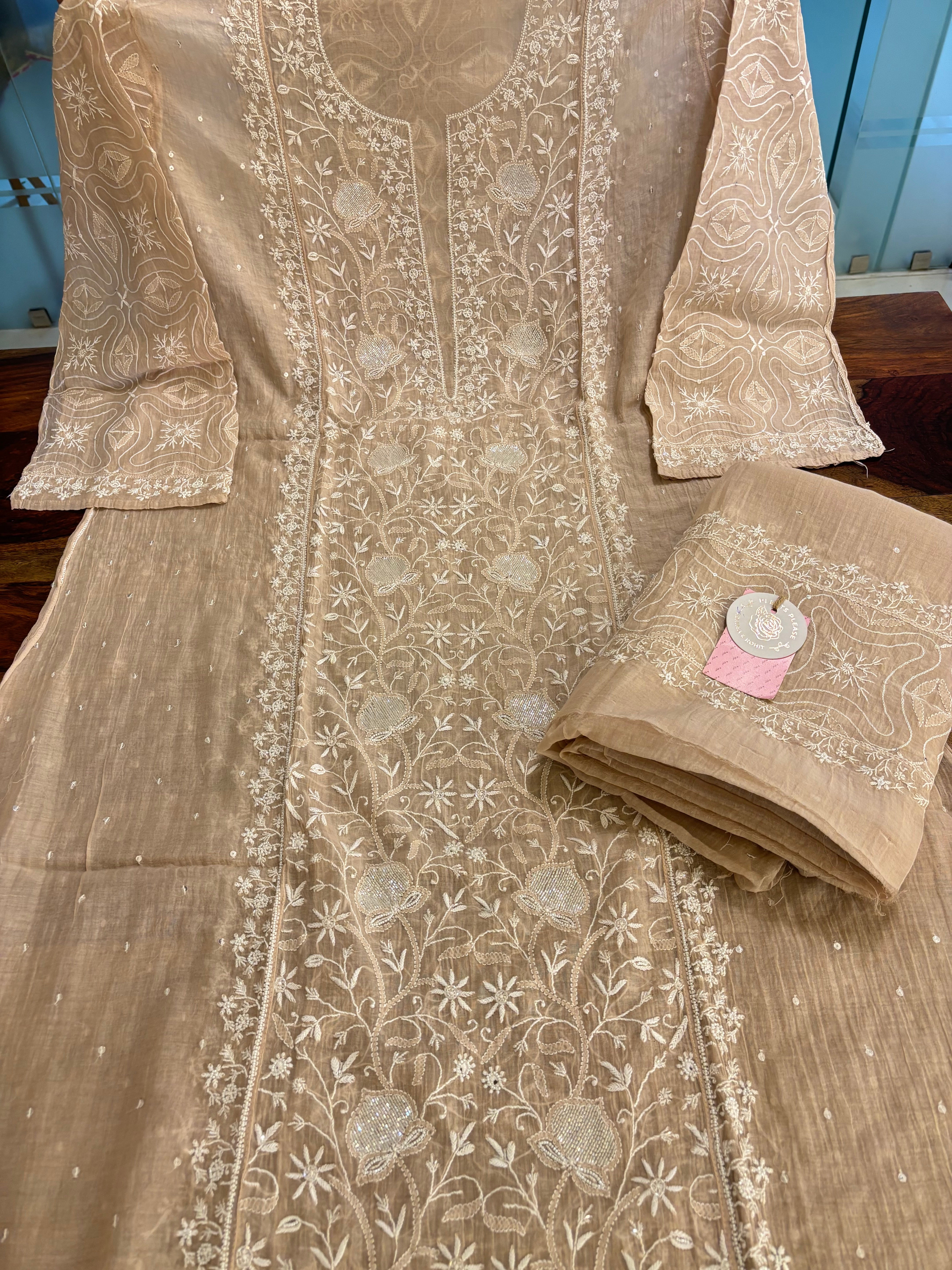 Pastel Peach Chanderi Mul Chikankari Kurta & Dupatta