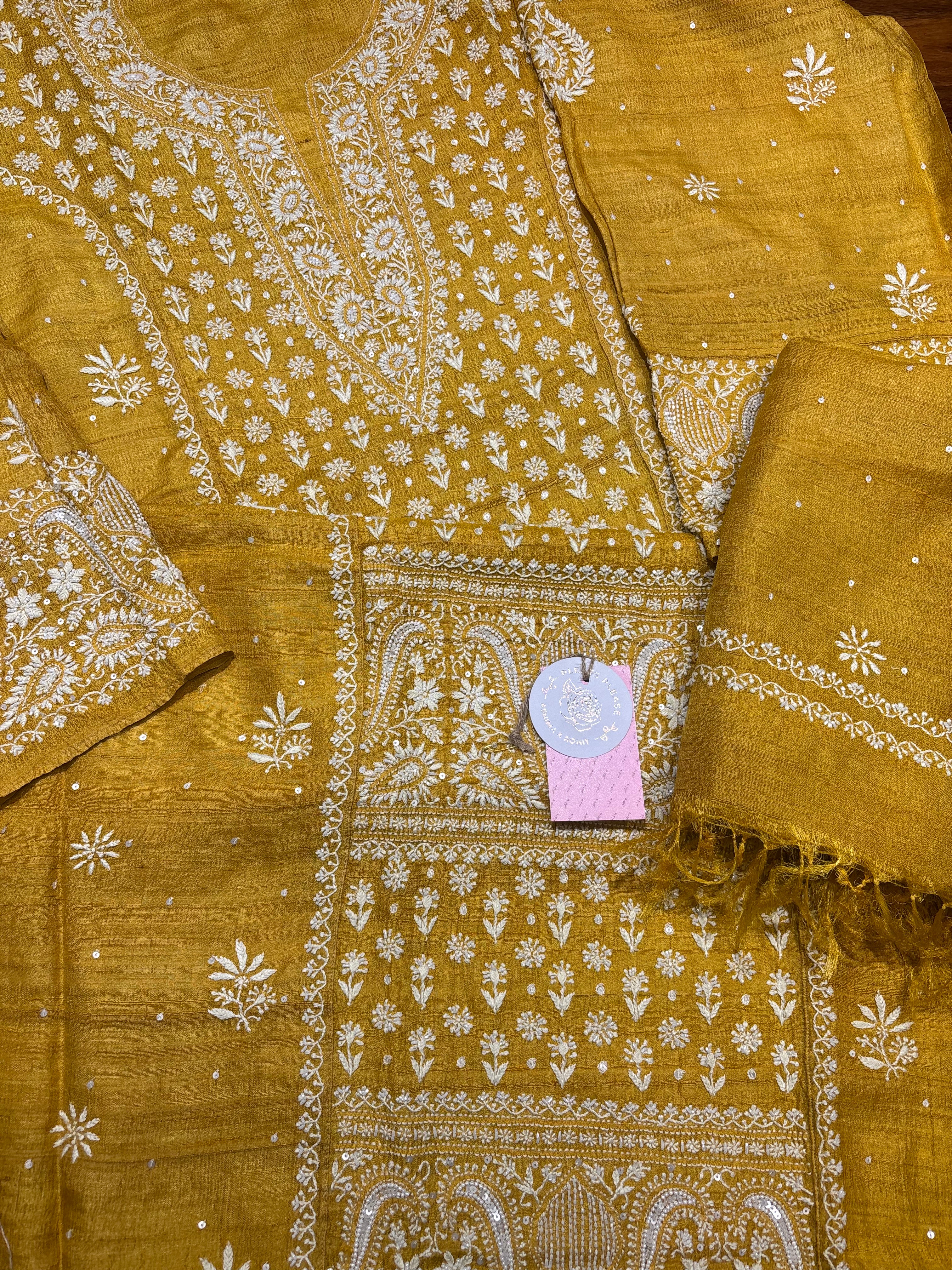 Mustard pure and premium Tussar Silk Chikankari Kurta and Dupatta Set