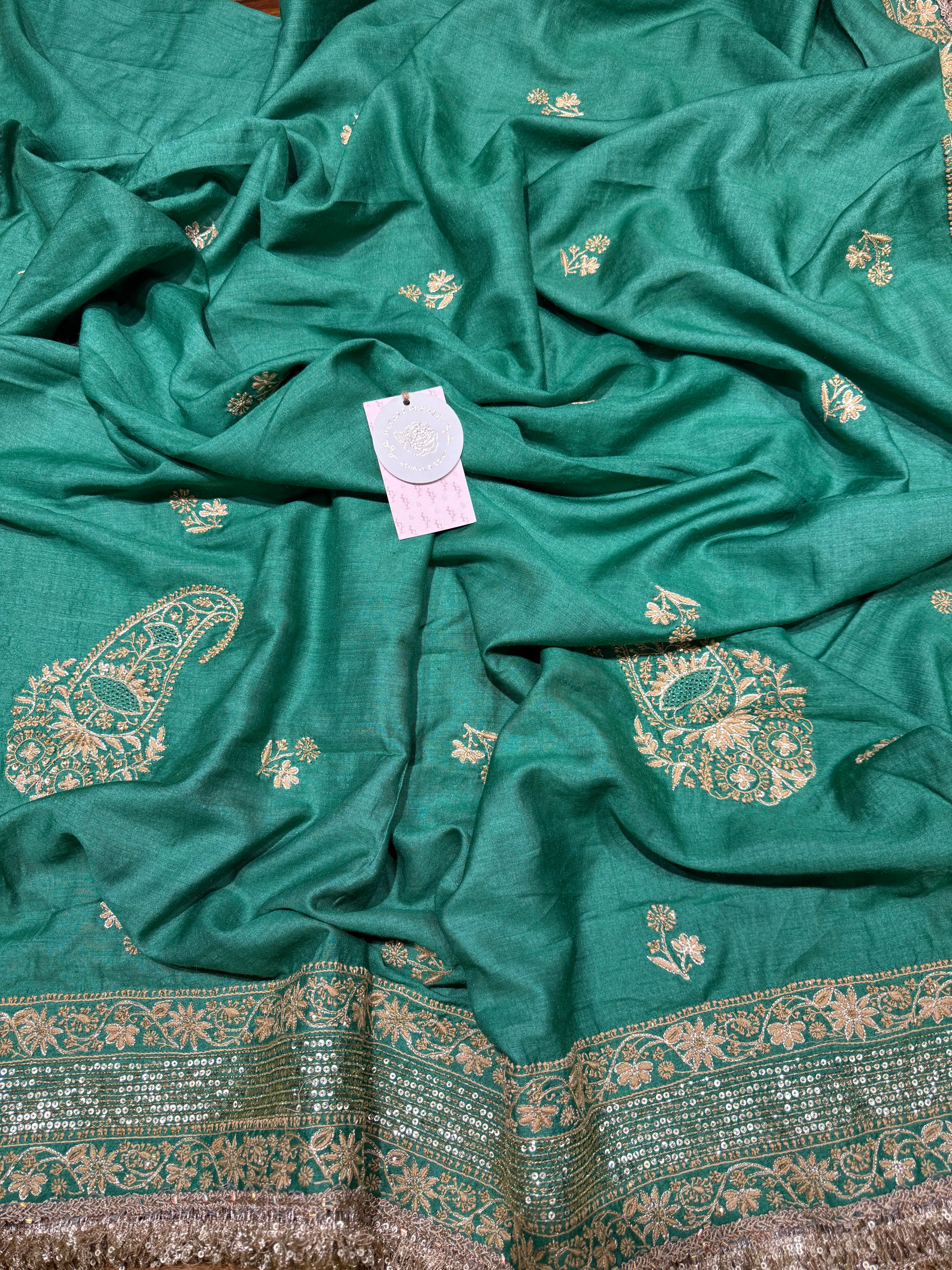 Emerald Green Monga Silk Chikankari A-Line Anarkali & Dupatta Set
