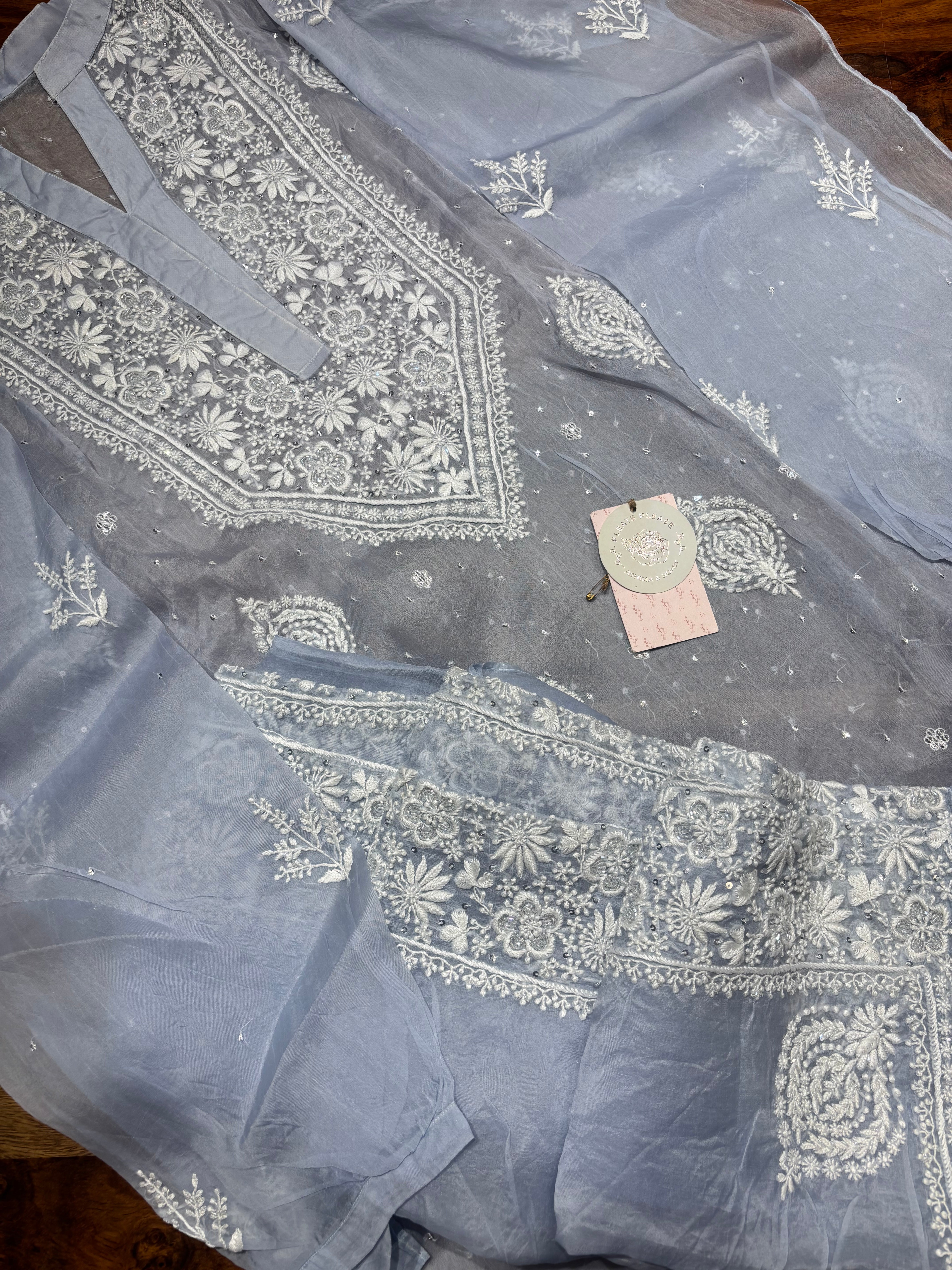 Tealish Blue Pure & Premium Organza Silk Chikankari Co-ord Set