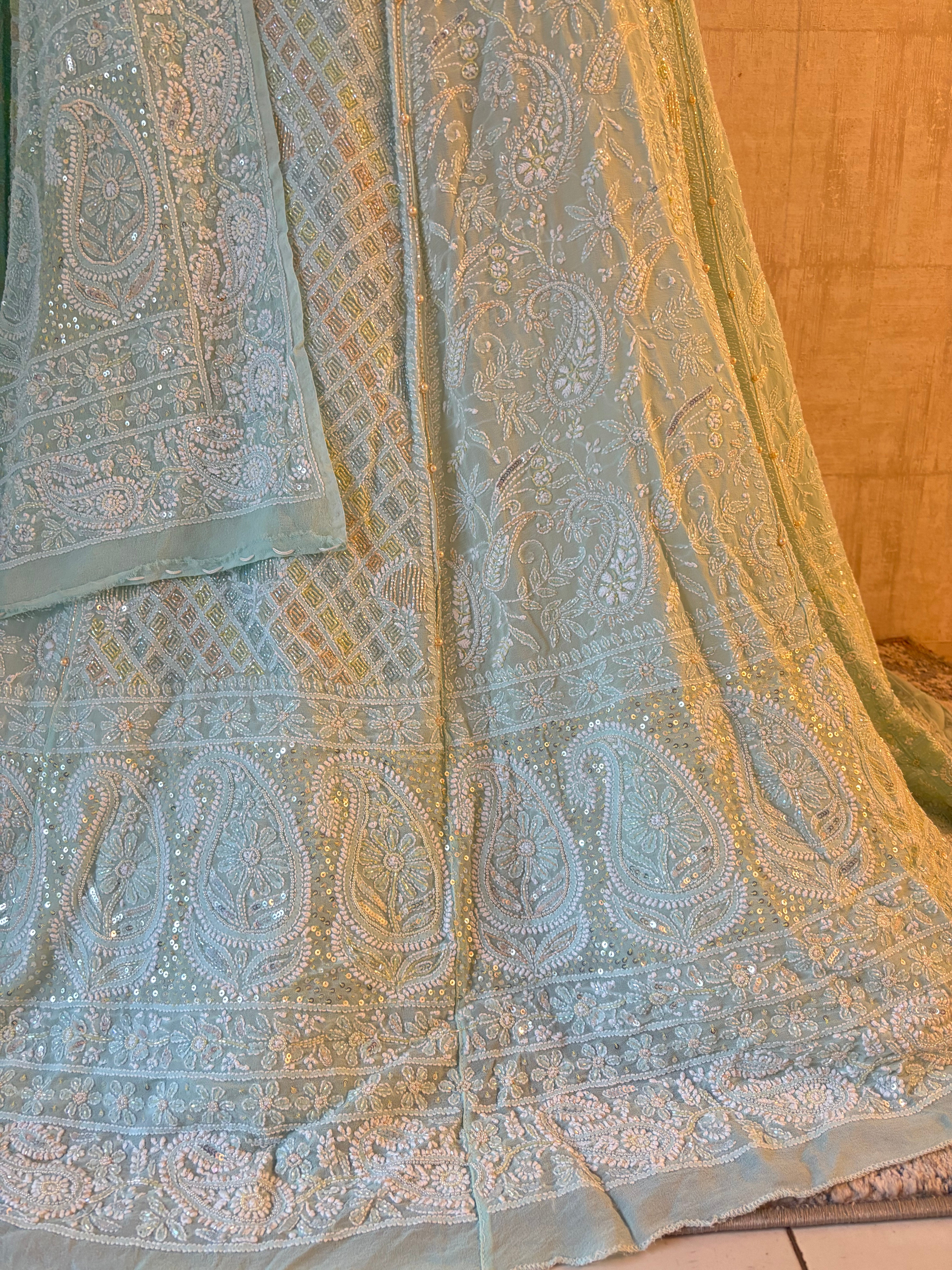 Sea Foam Pure & Premium Georgette Chikankari Lehenga & Dupatta Set
