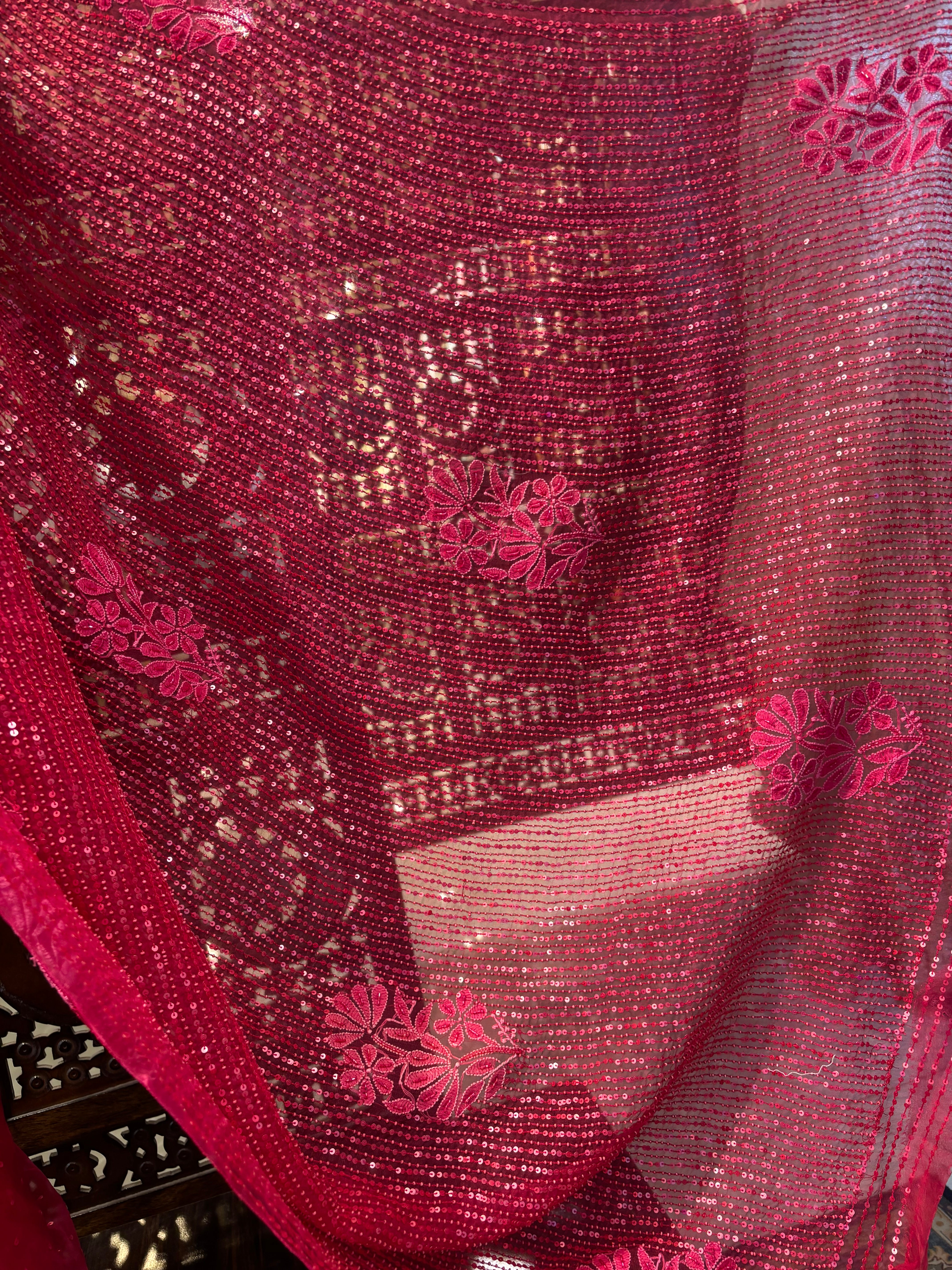 Fuchsia Pink Pure Organza Chikankari Saree