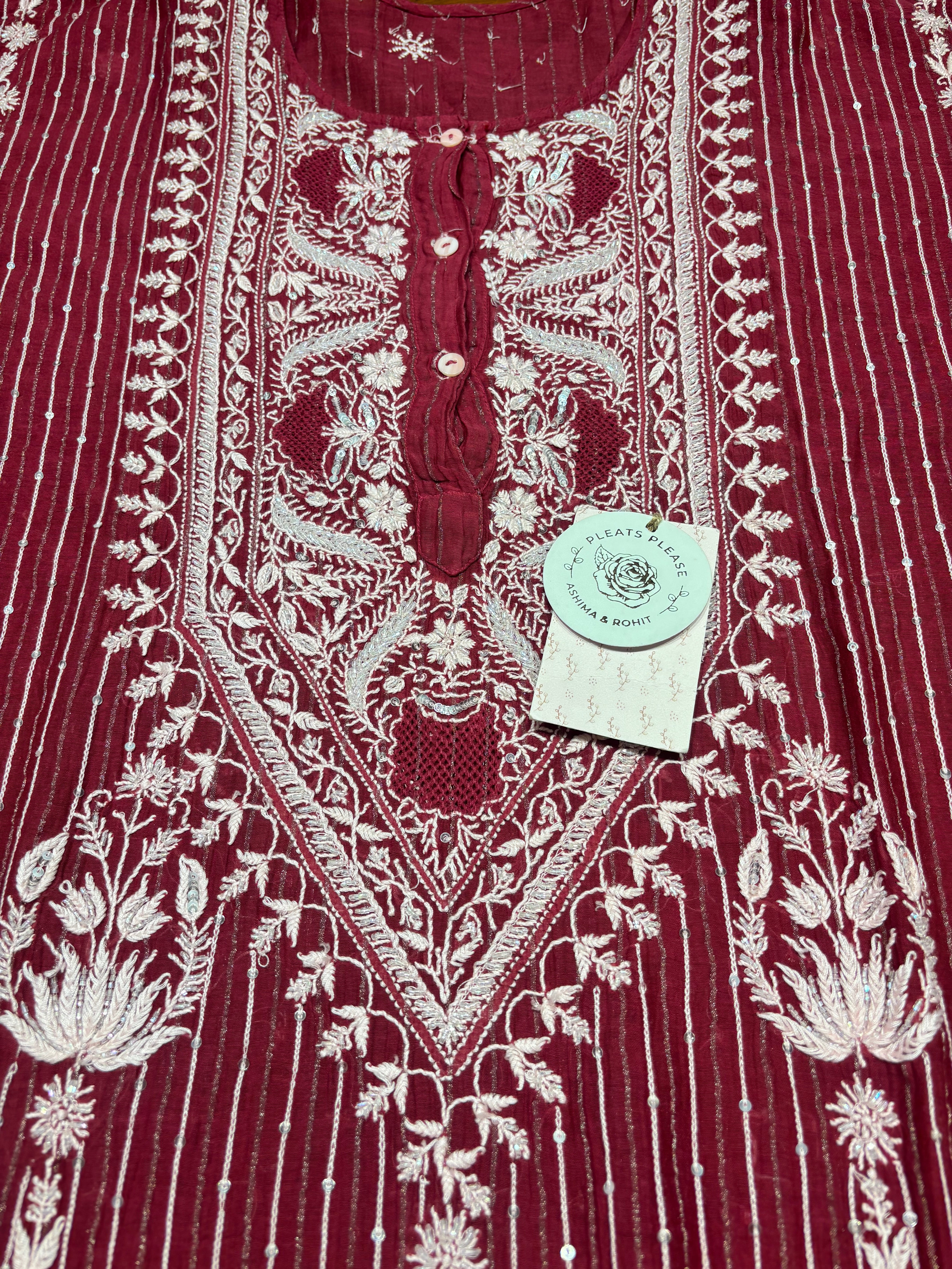 Beetroot Red Chanderi Mul Chikankari Kurta & Dupatta Set
