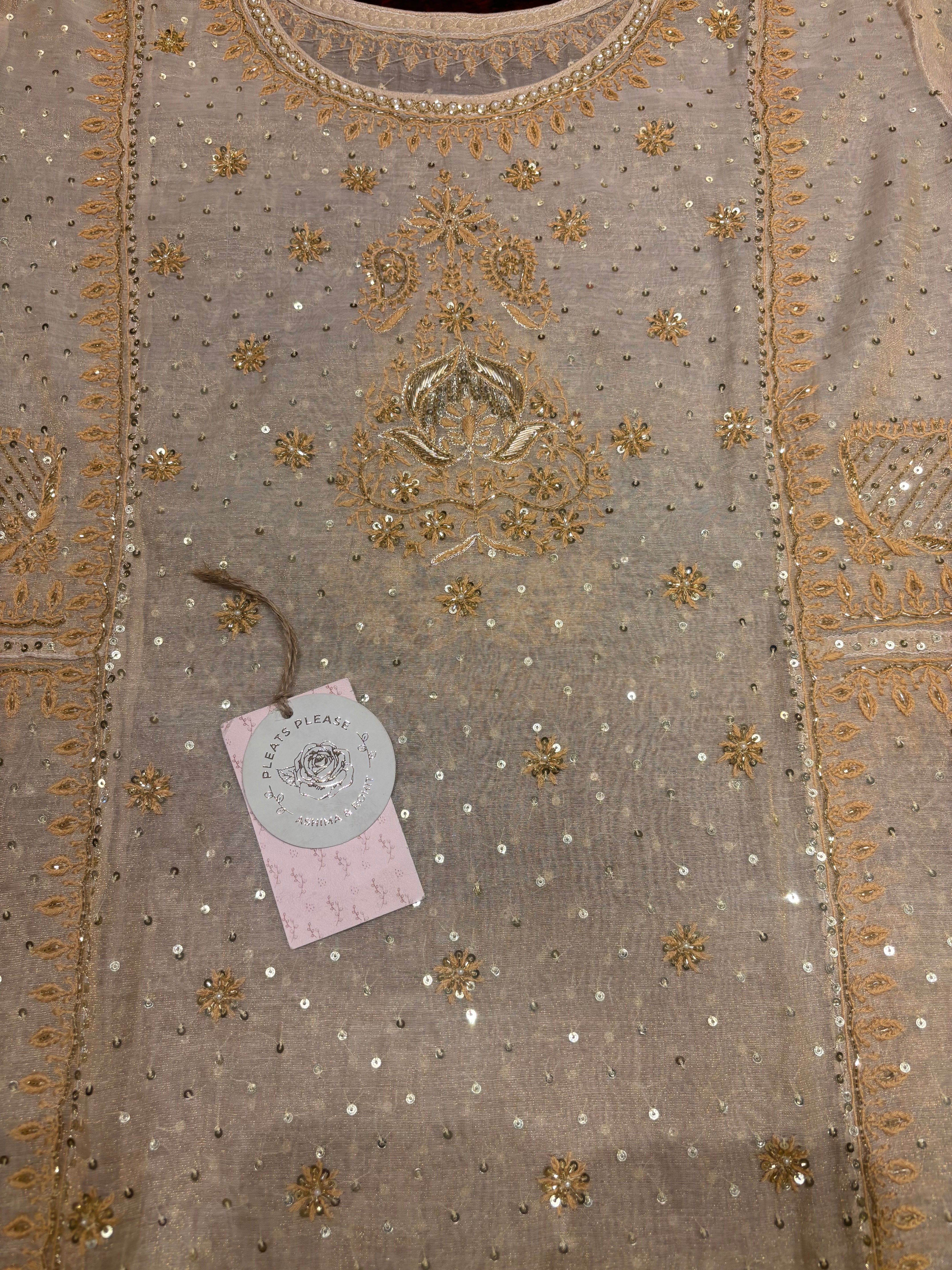 Dyeable Pure Gold Tissue Chikankari A-line Anarkali and Dupatta