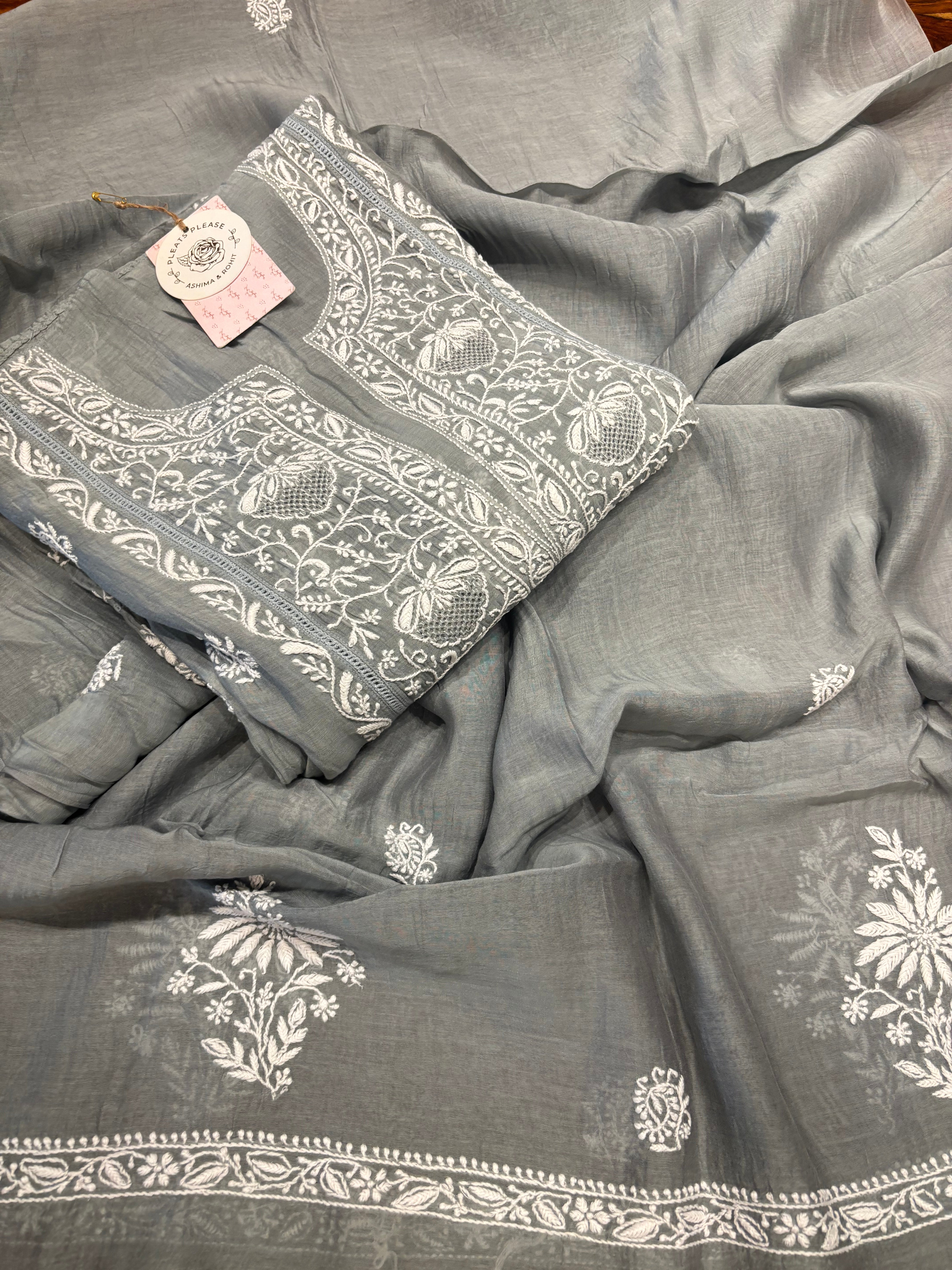 Gray Chanderi Mul Only Chikankari Kurta and Dupatta