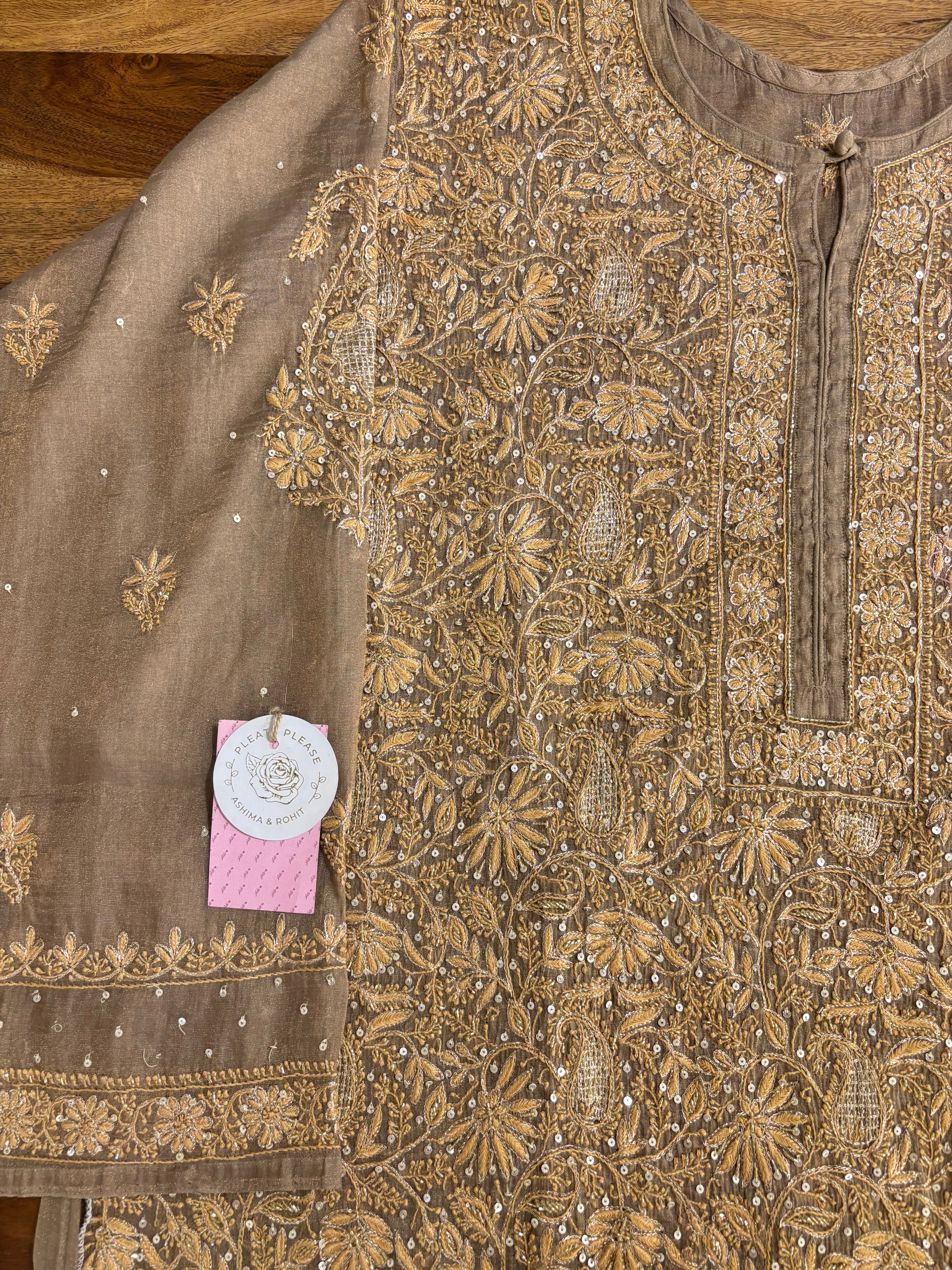 Warm Bronze Pure & Premium Tissue Chikankari Kurta & Dupatta