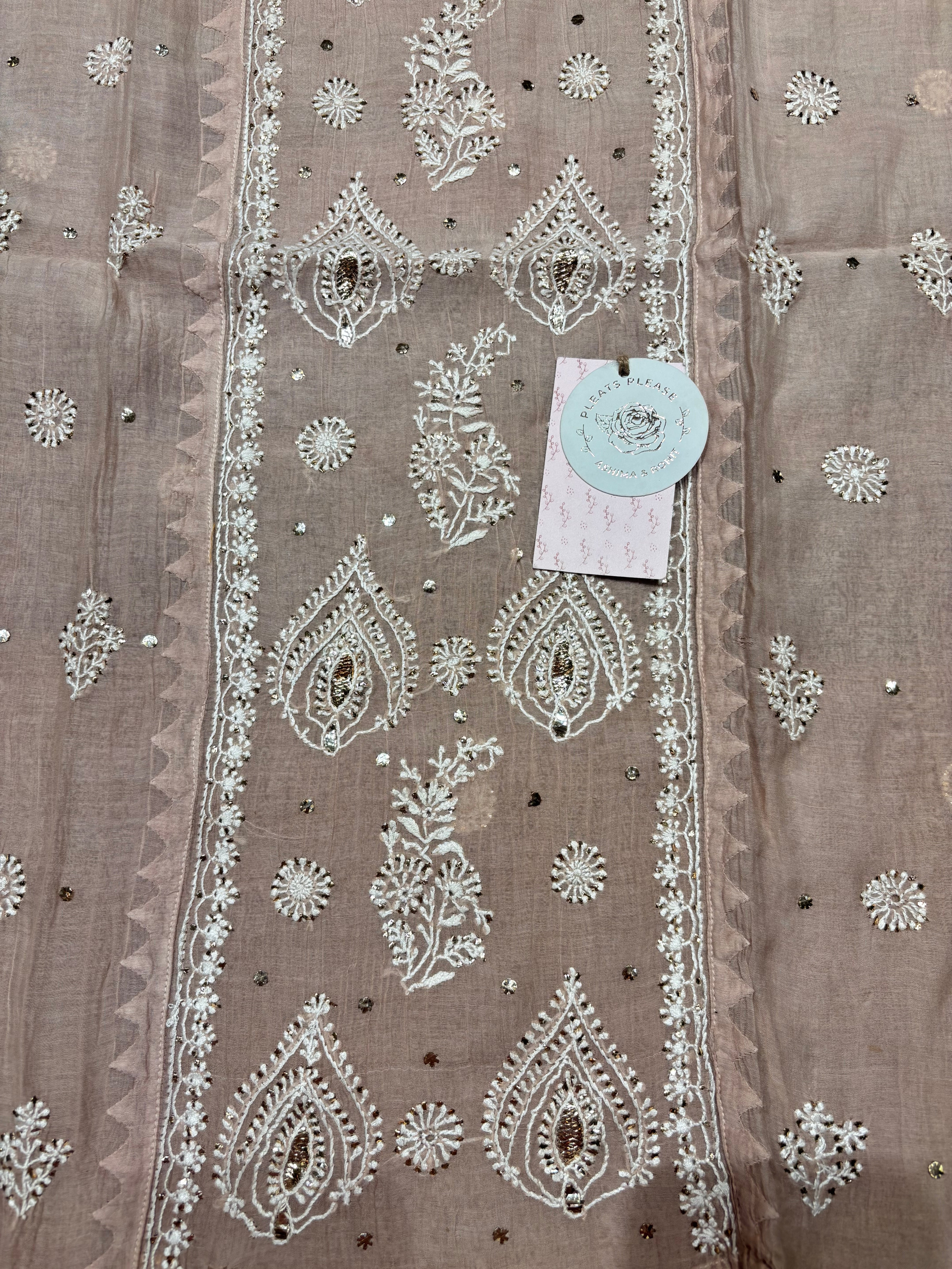 Nude Rose Chanderi Mul Chikankari & Mukaish Kurta & Dupatta Set