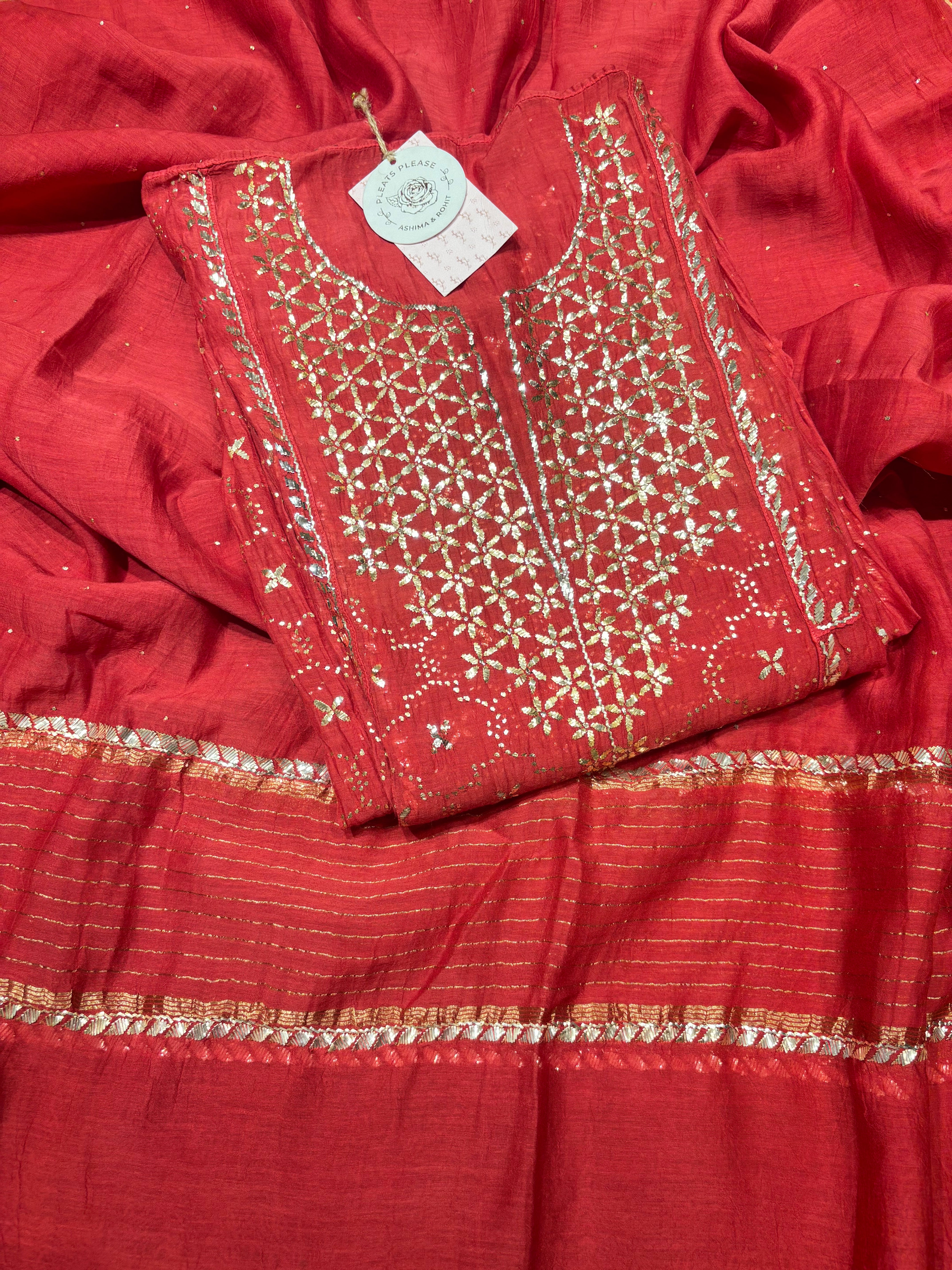 Red Chanderi Mul Mukaish Anarkali and Dupatta set