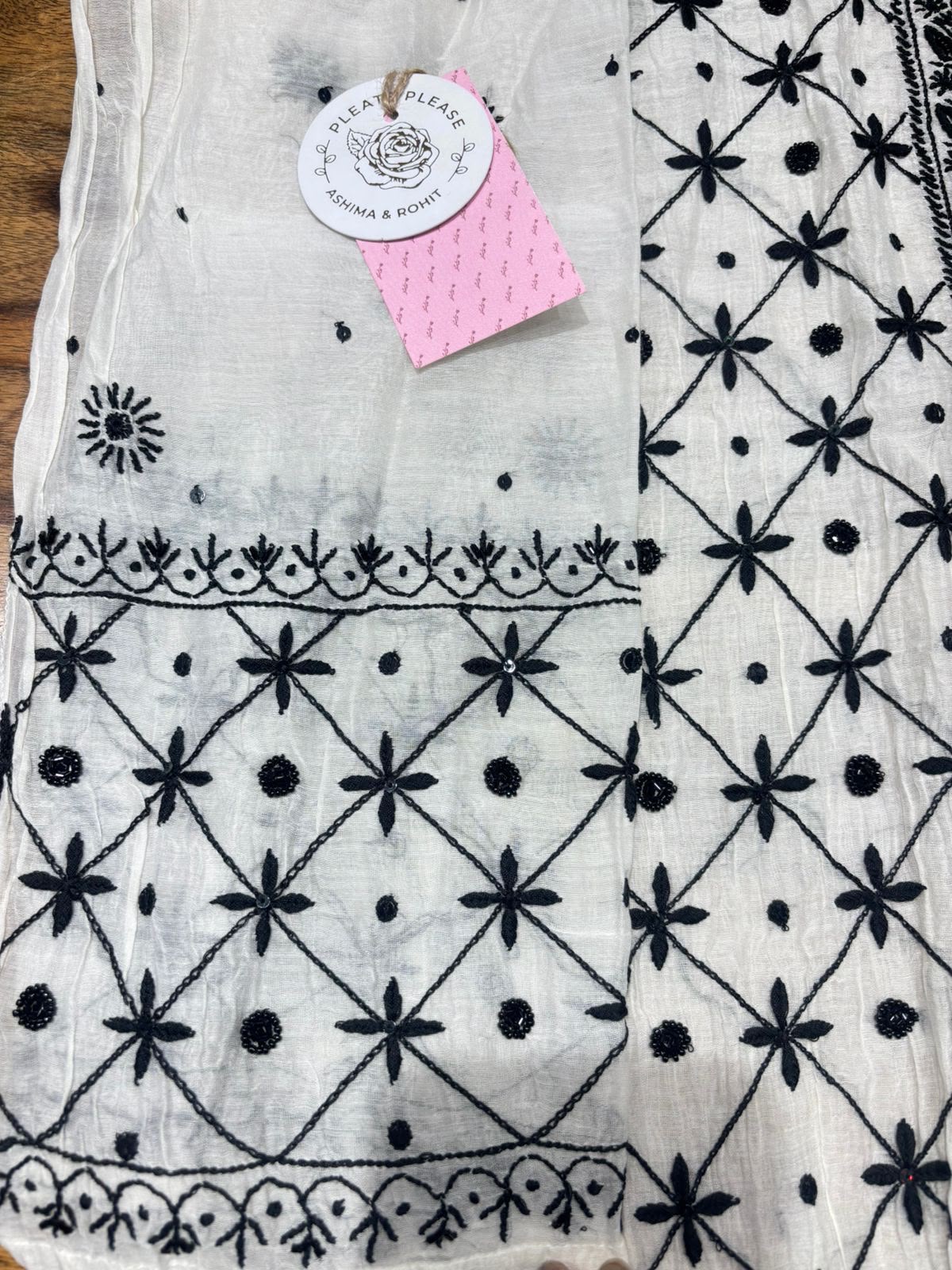 Dyeable  Black & White Chanderi Mul Chikankari Kurta & Dupatta