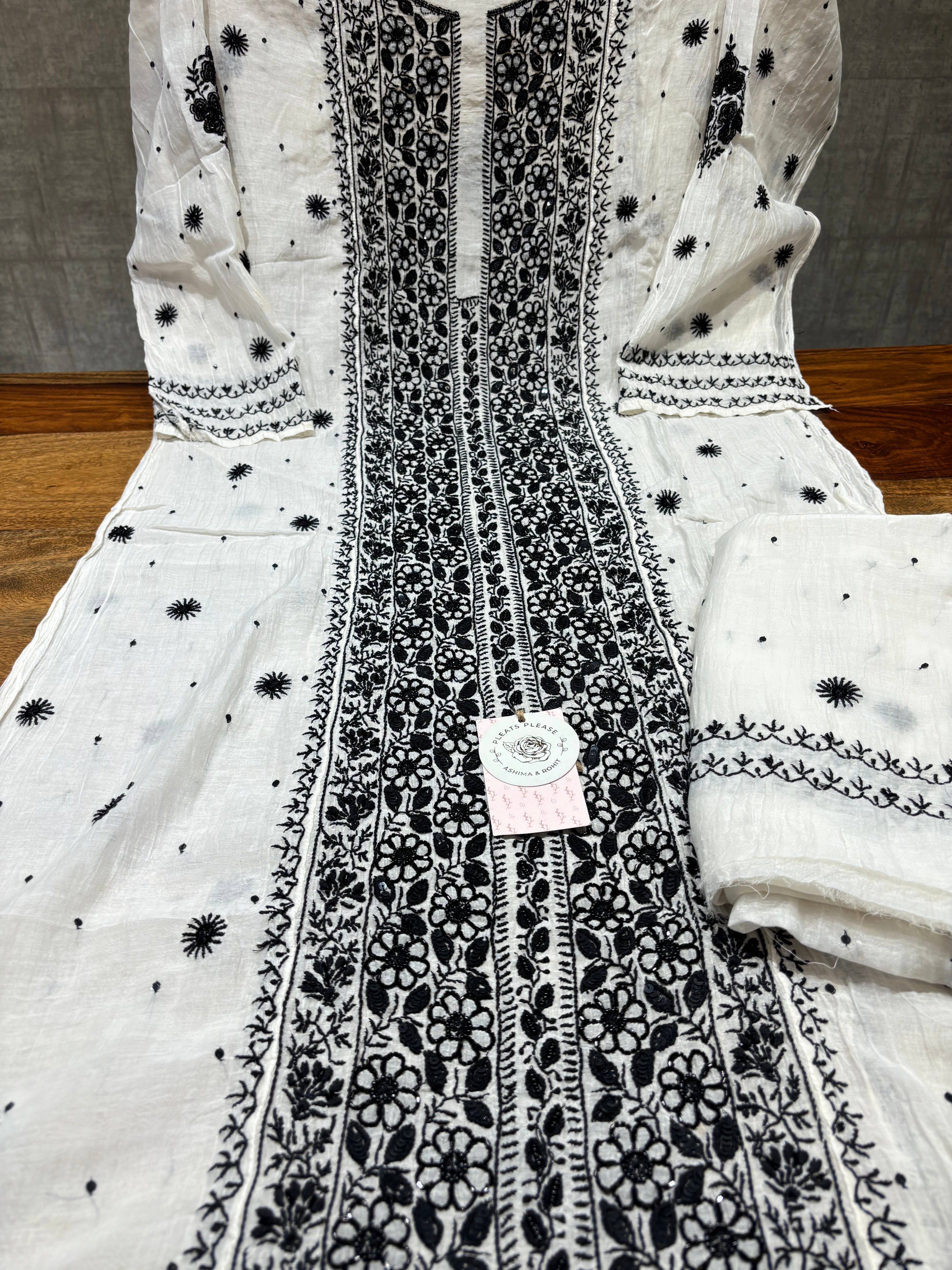Dyeable Chanderi mul Chikankari Kurta and Dupatta Set