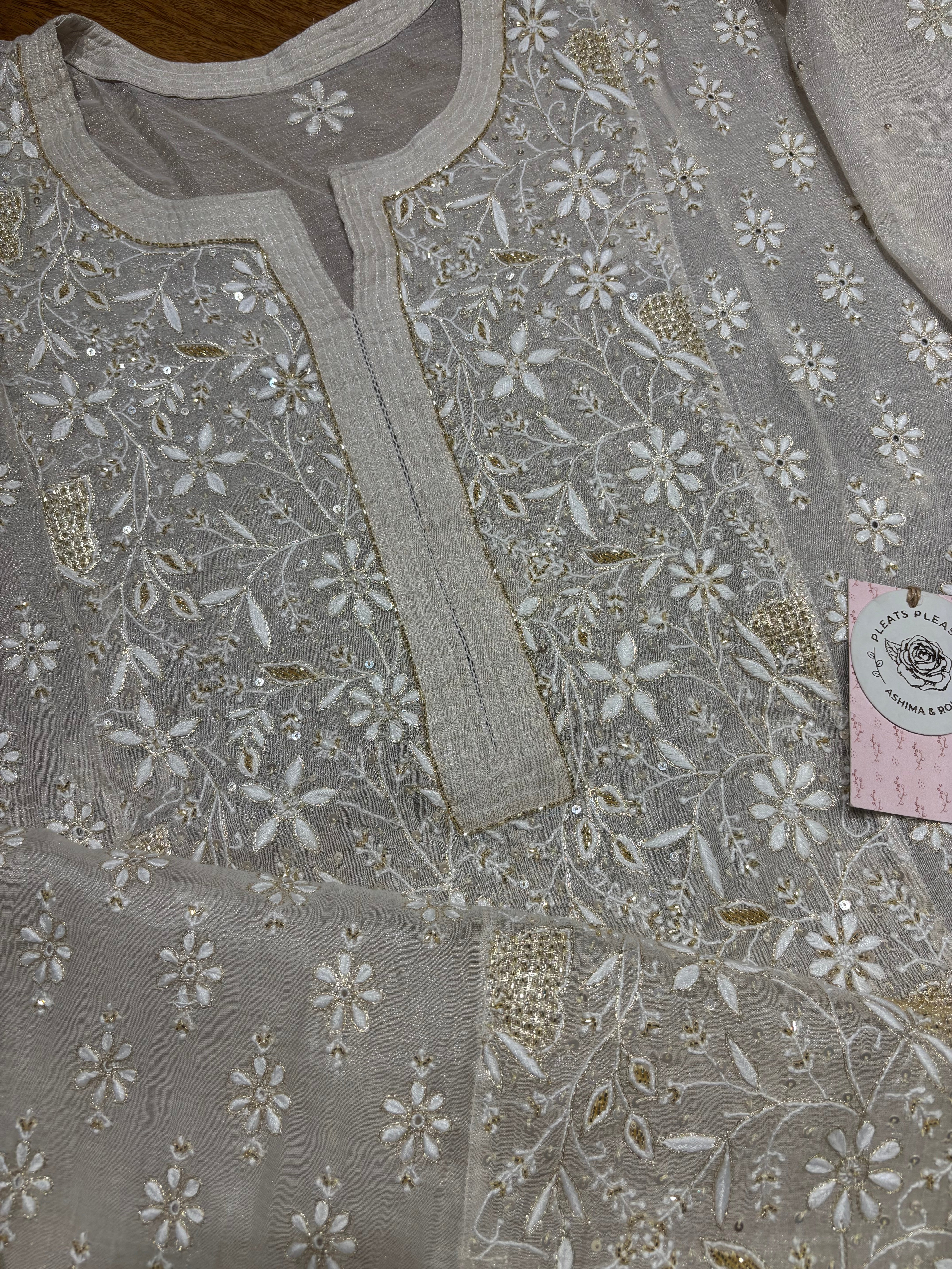 Dyeable Pure and Premium Silver Tissue Chikankari Kurta and Dupatta set