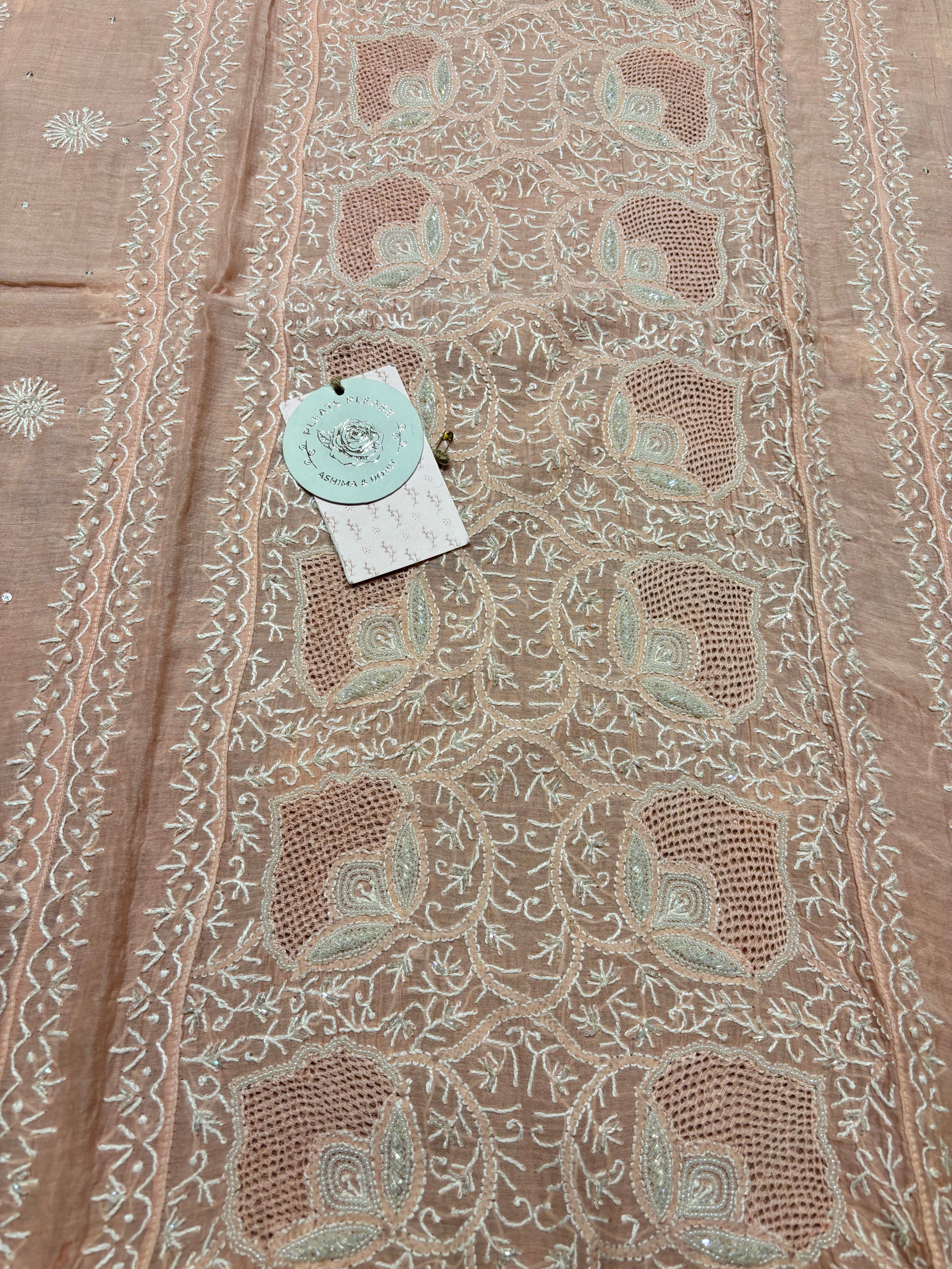 Peach Chanderi Mul Chikankari Kurta and Dupatta Set