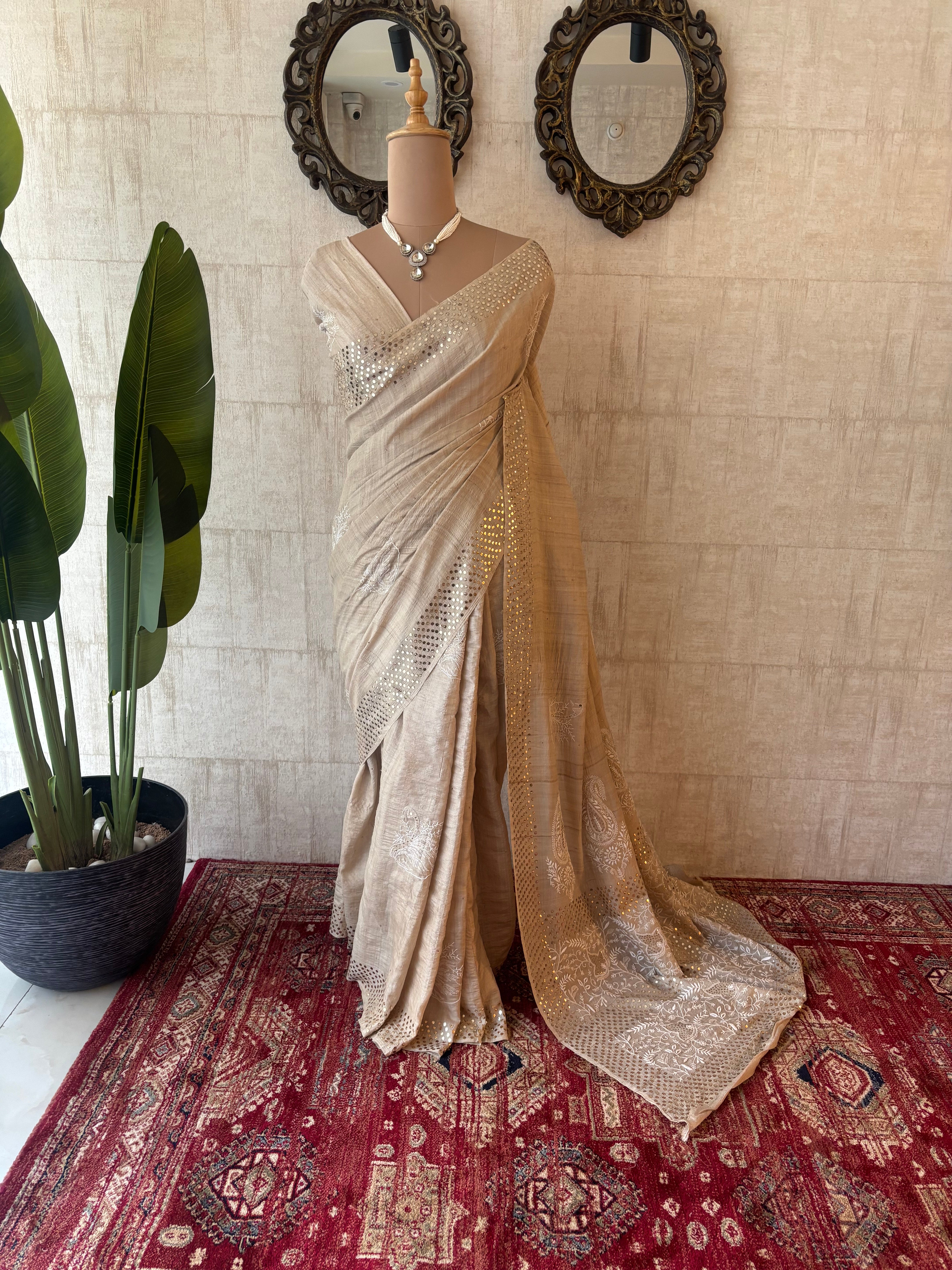 Dyeable Pure and Premium Tussar Silk Chikankari & Mukaish Saree and Blouse