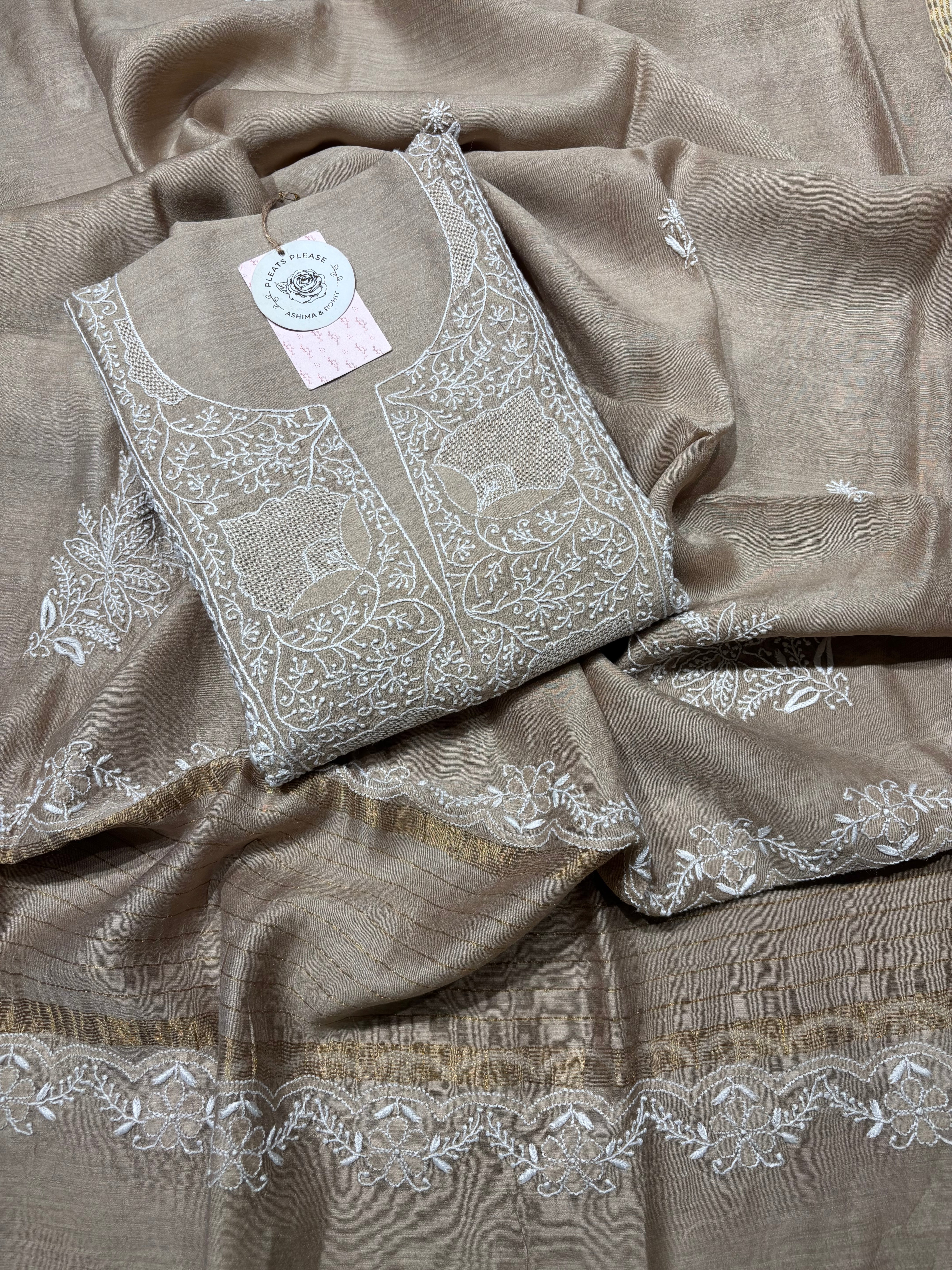 Champagne Beige Monga Silk Chikankari Kurta And Dupatta Fabric