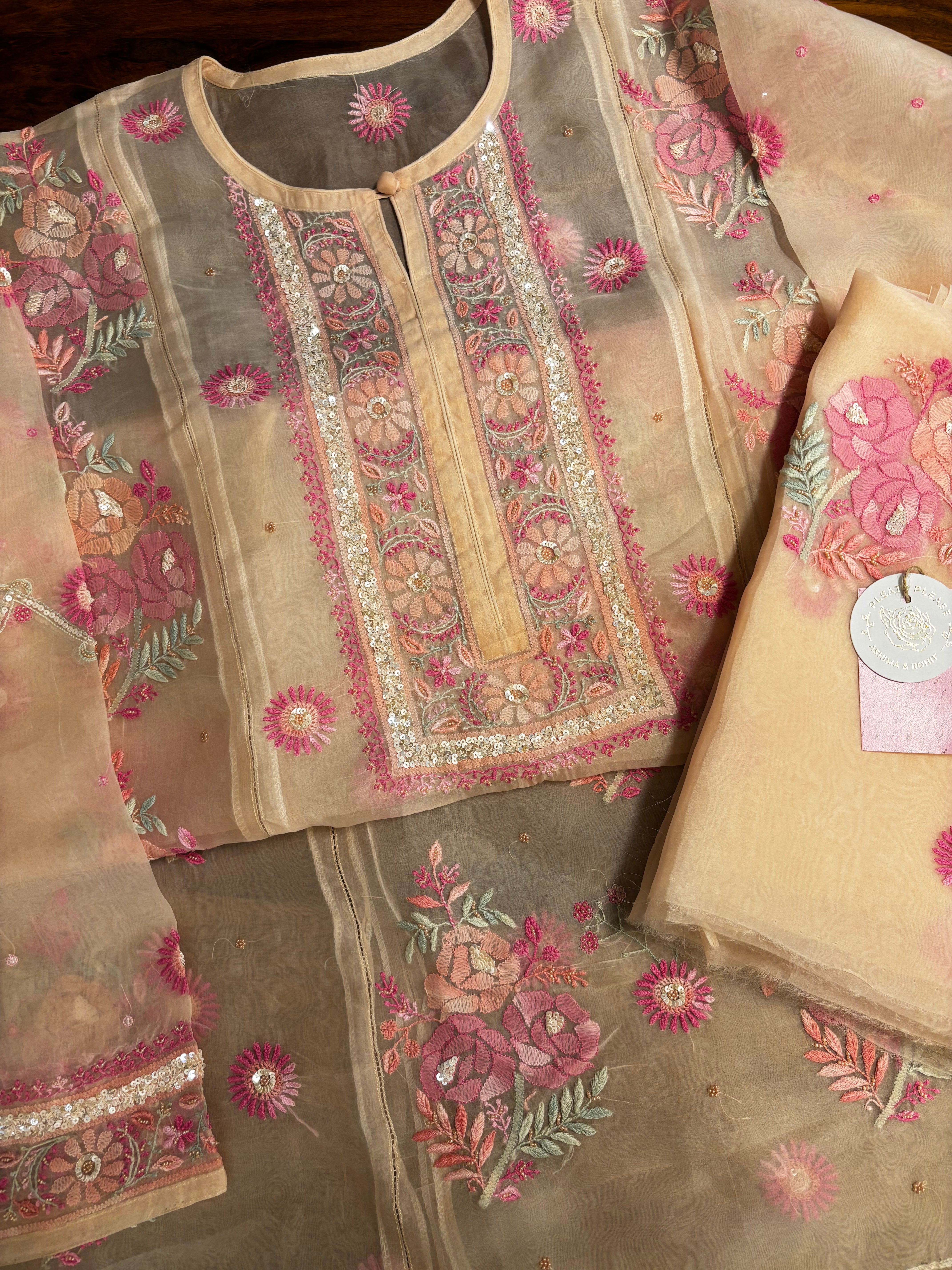 Pastle Peach Pure Organza Chikankari Kurta & Dupatta - Pleats PleaseChikankari
