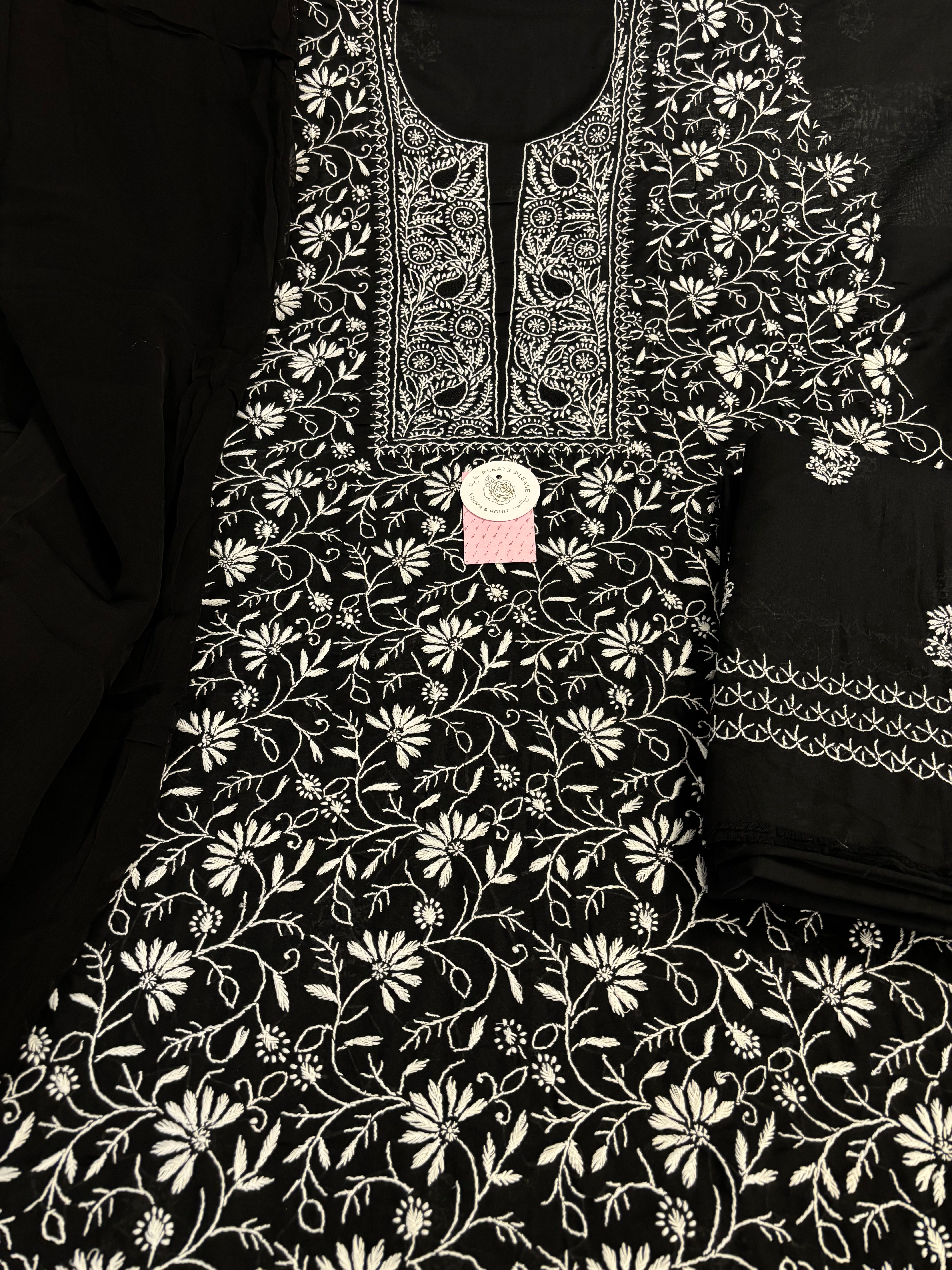Black Cotton Chikankari Kurta, Dupatta With Bottom