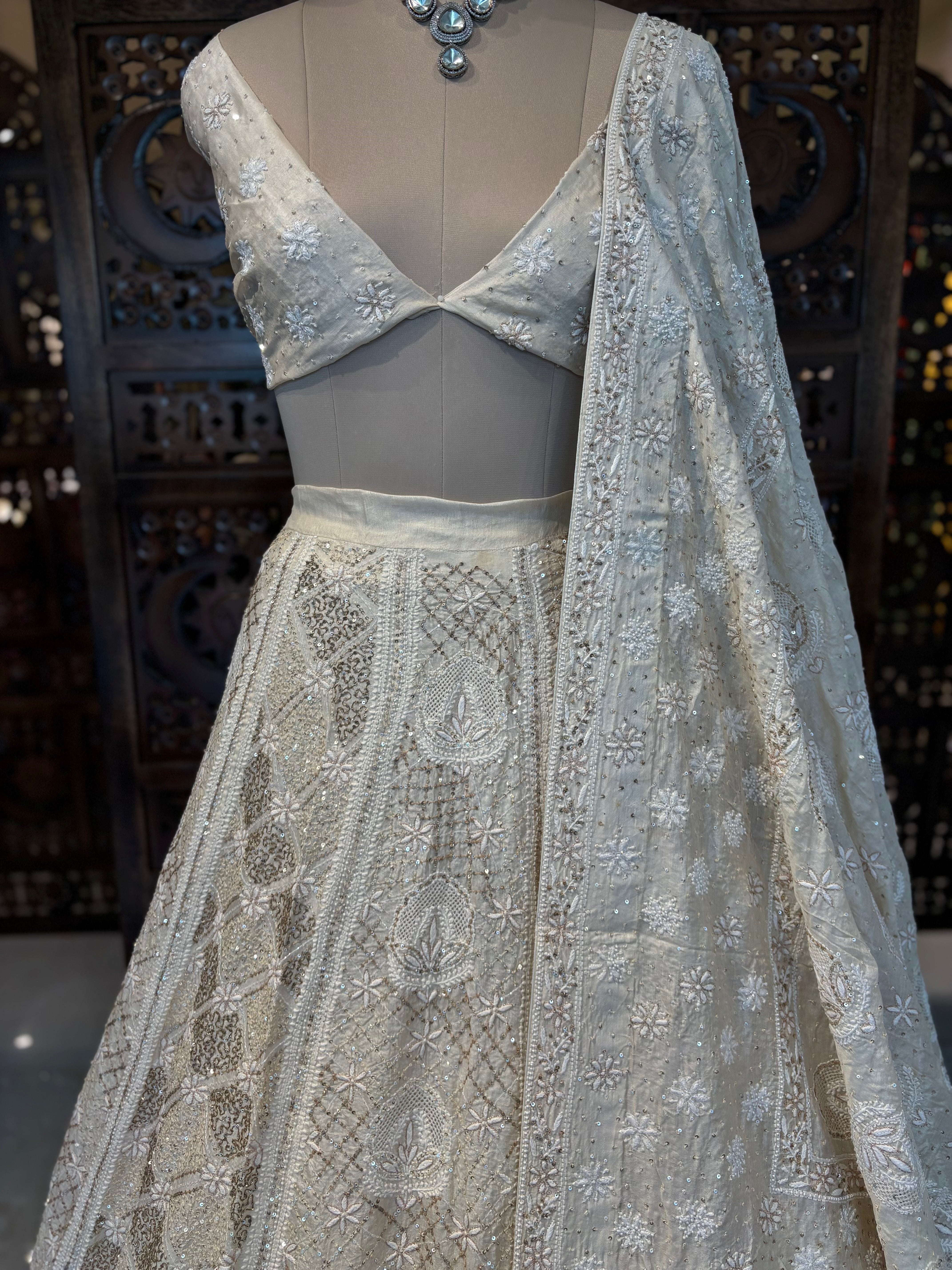 Ivory Pure & Premium Silk Chikankari Jaal Lehenga & Dupatta Set