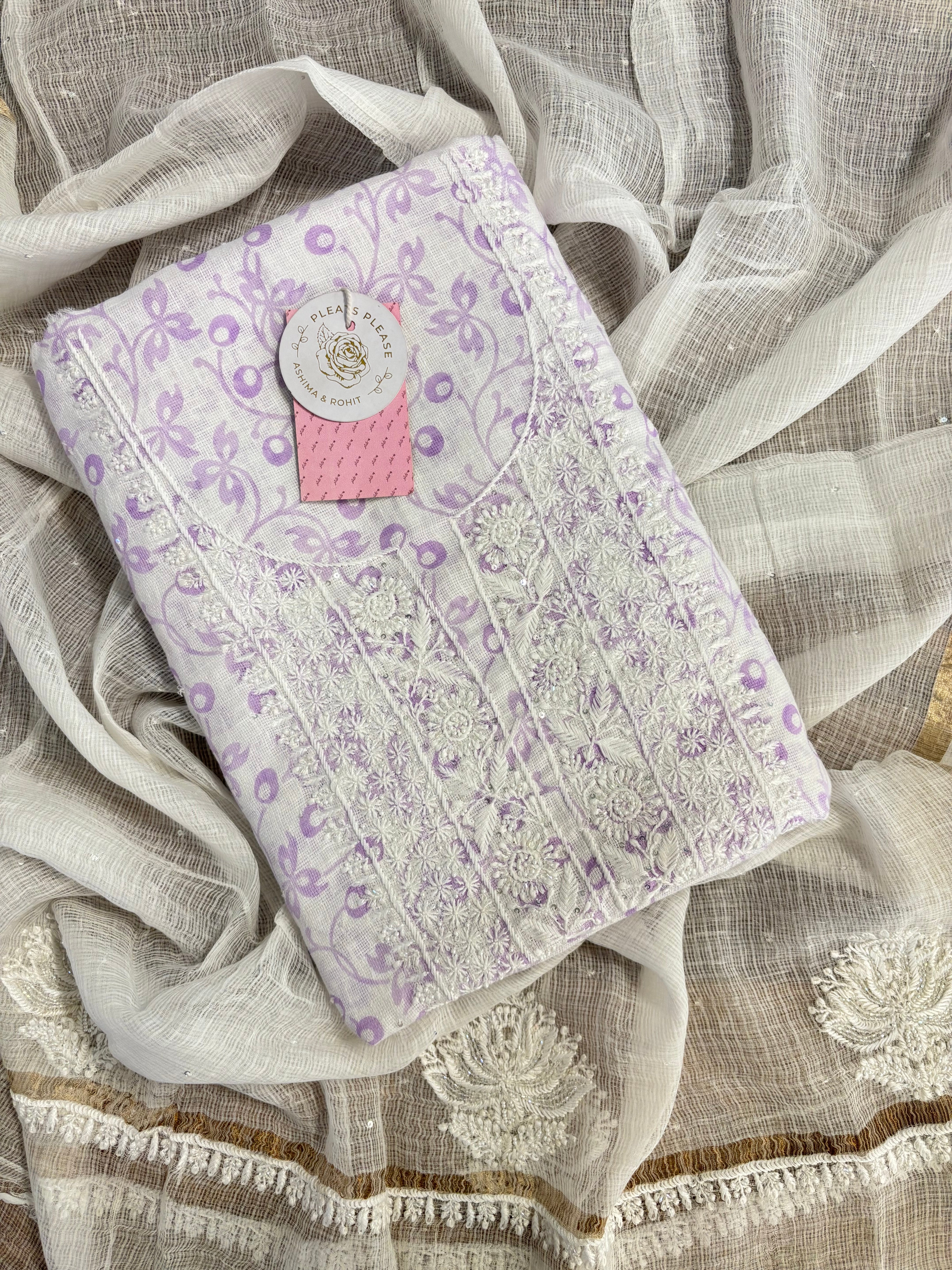 Linen Lavender Printed Chikankari Kurta & Dupatta