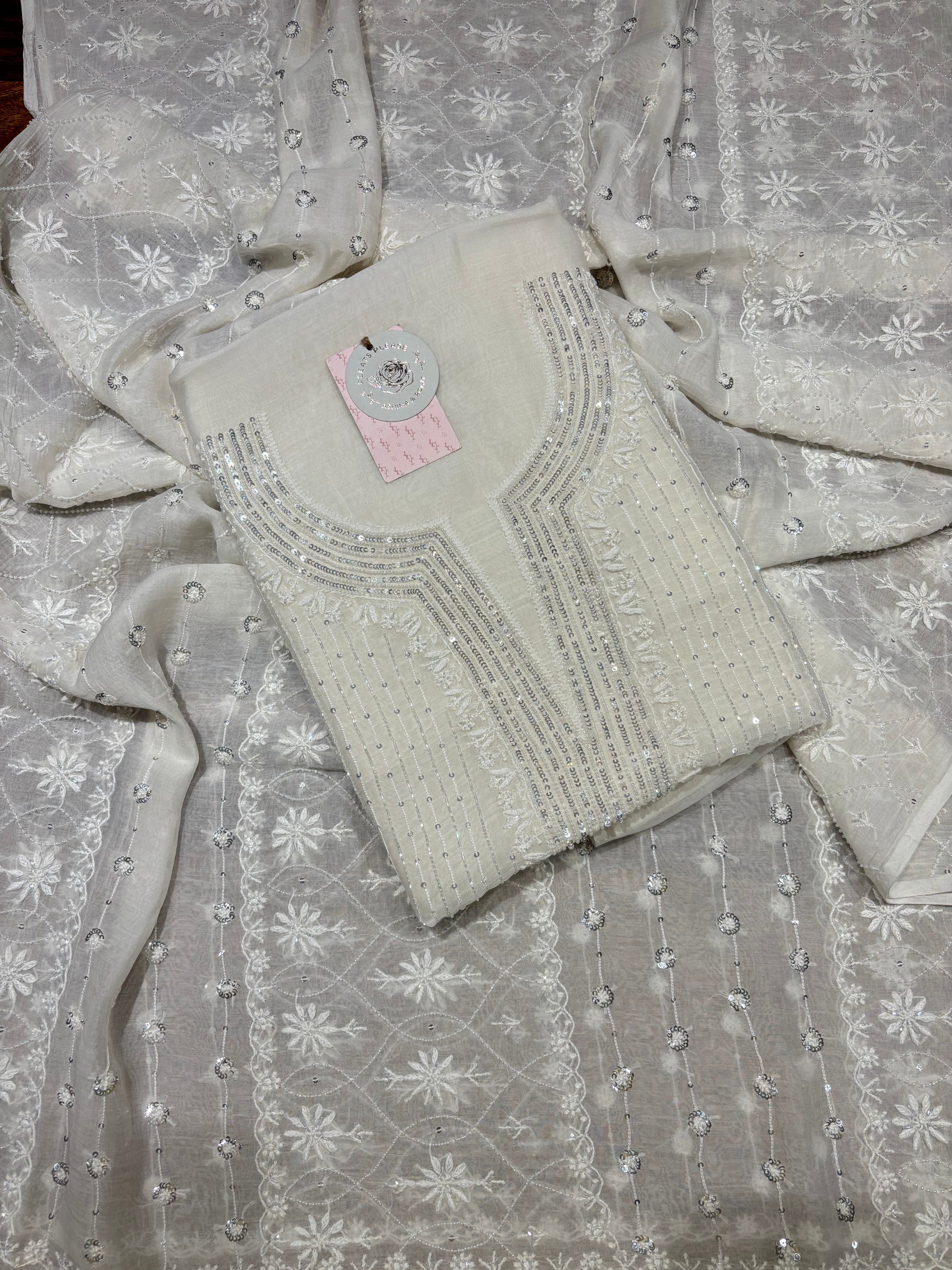 Dyeable Chanderi Mul Chikankari Kurta & Dupatta Fabric