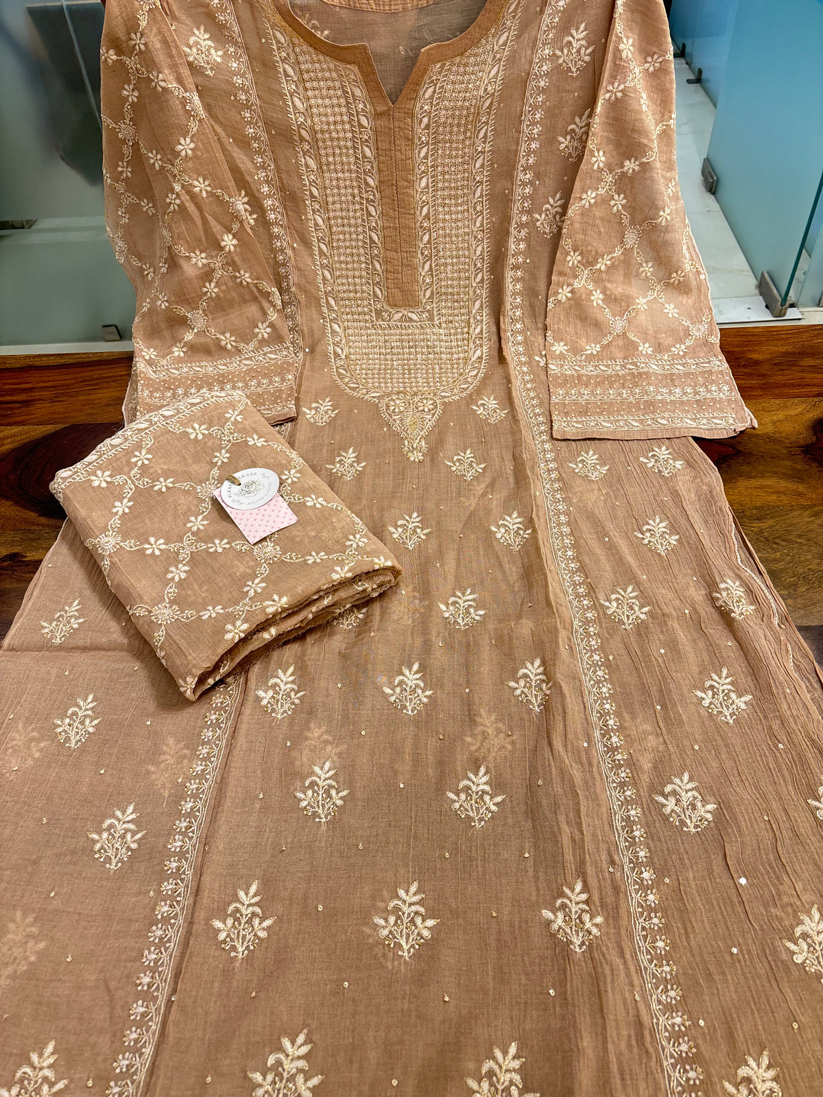 Dusty Peach Pure & Premium Tissue Chikankari Kurta & Dupatta