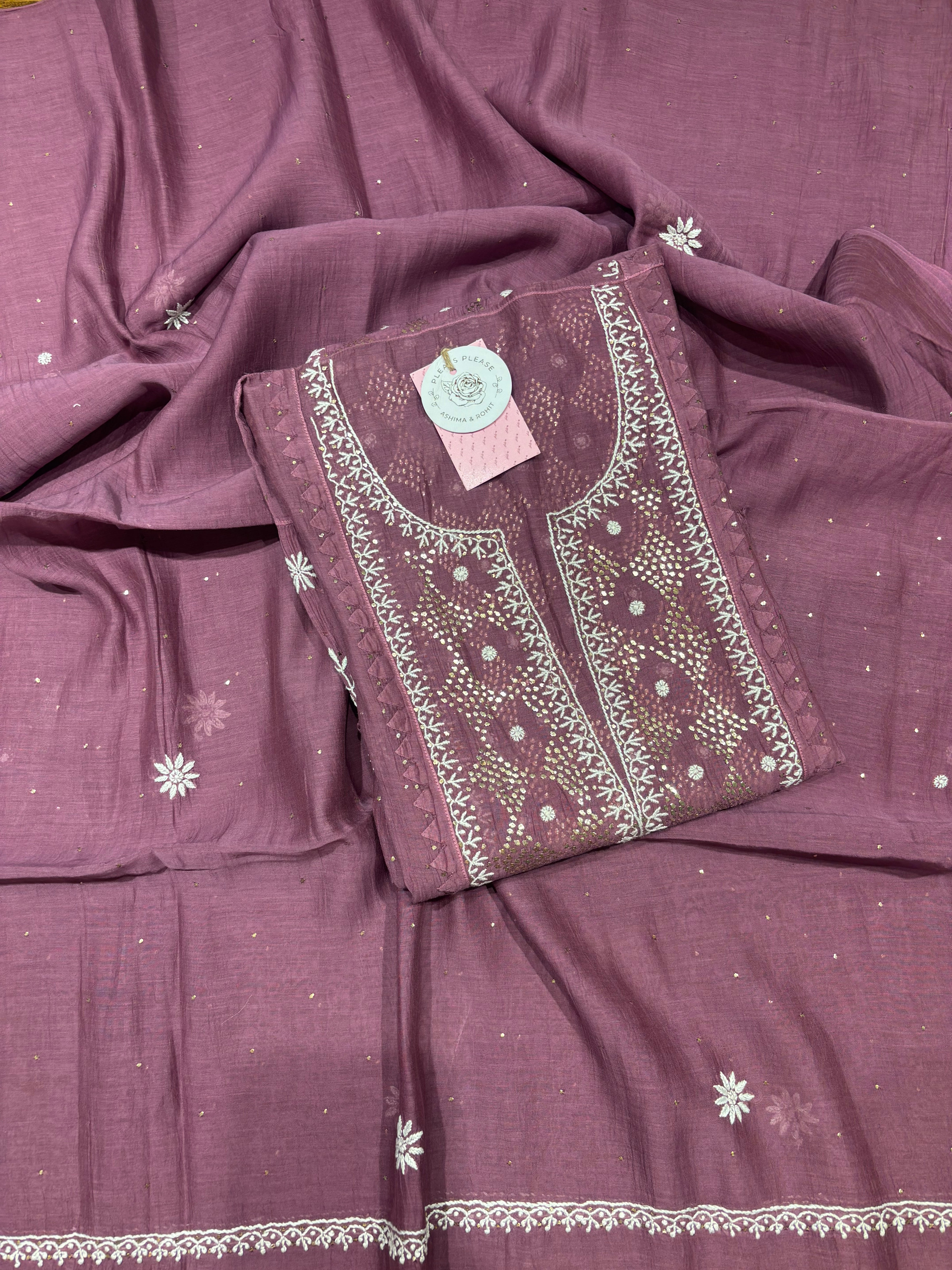 Aubergine Chanderi Mul Chikankari & Mukaish Kurta & Dupatta Set