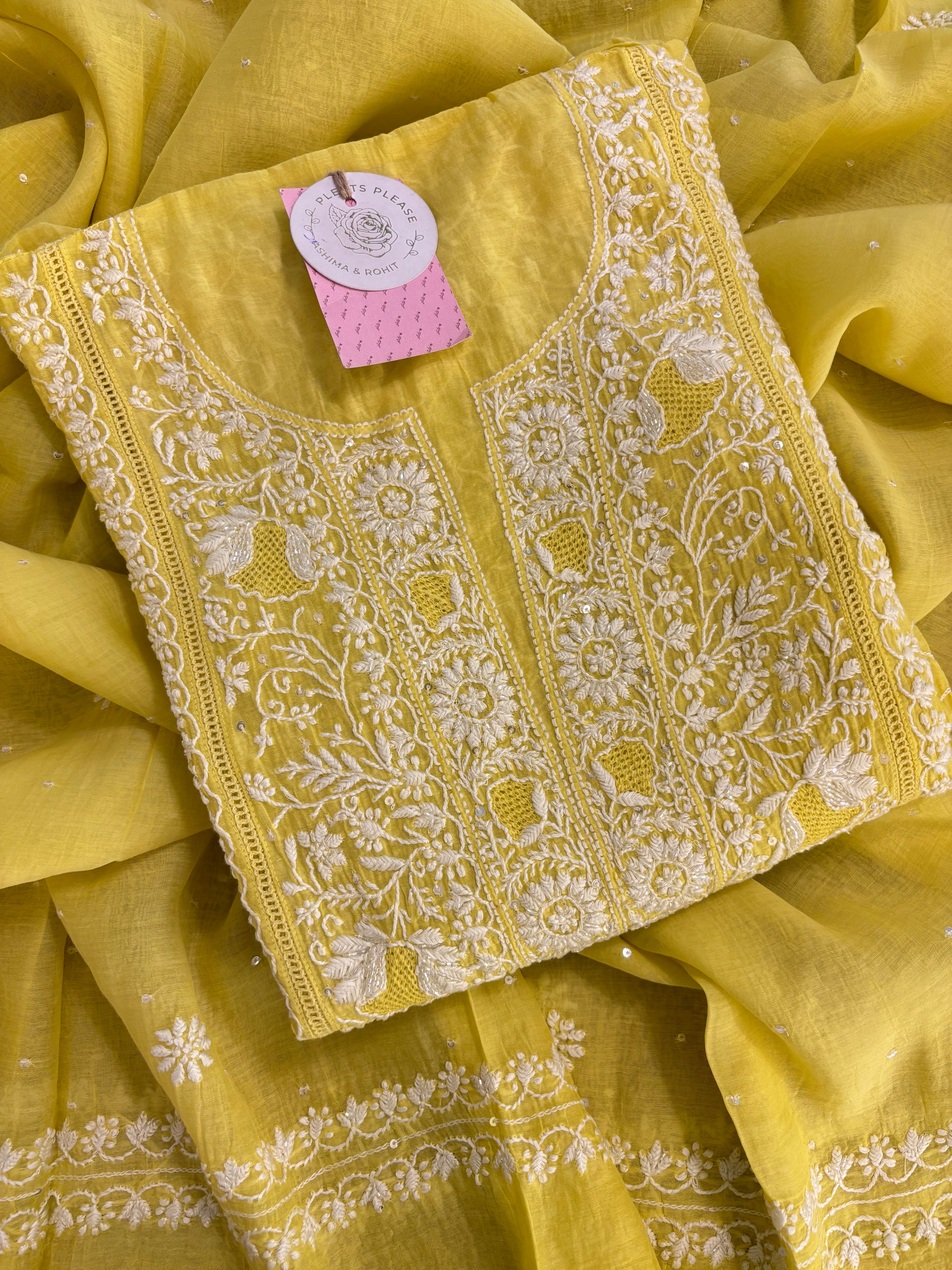 Lemon Yellow Chanderi Chikankari Kurta & Dupatta
