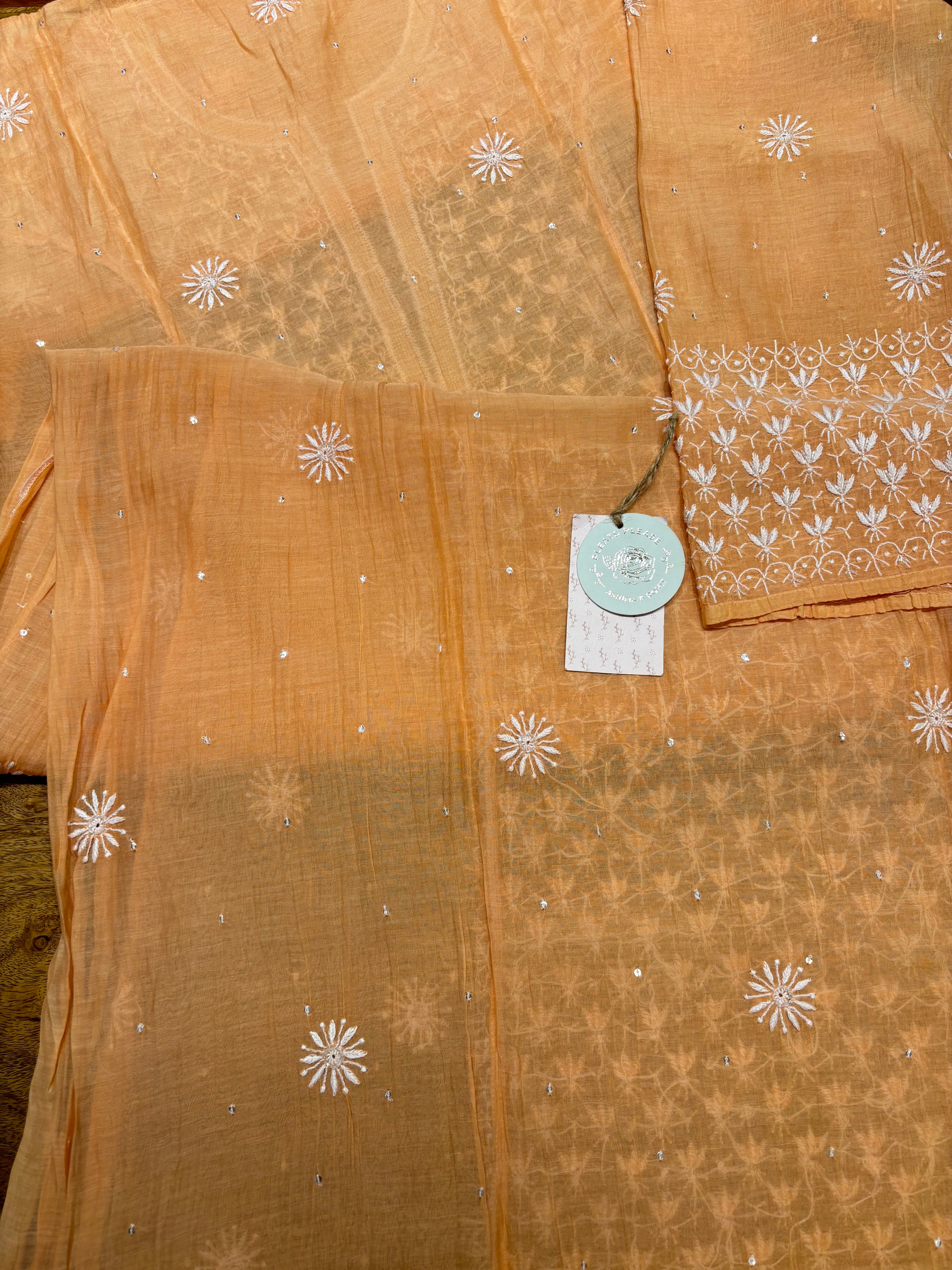 Peach Chanderi Mul Chikankari Kurta and Dupatta Set