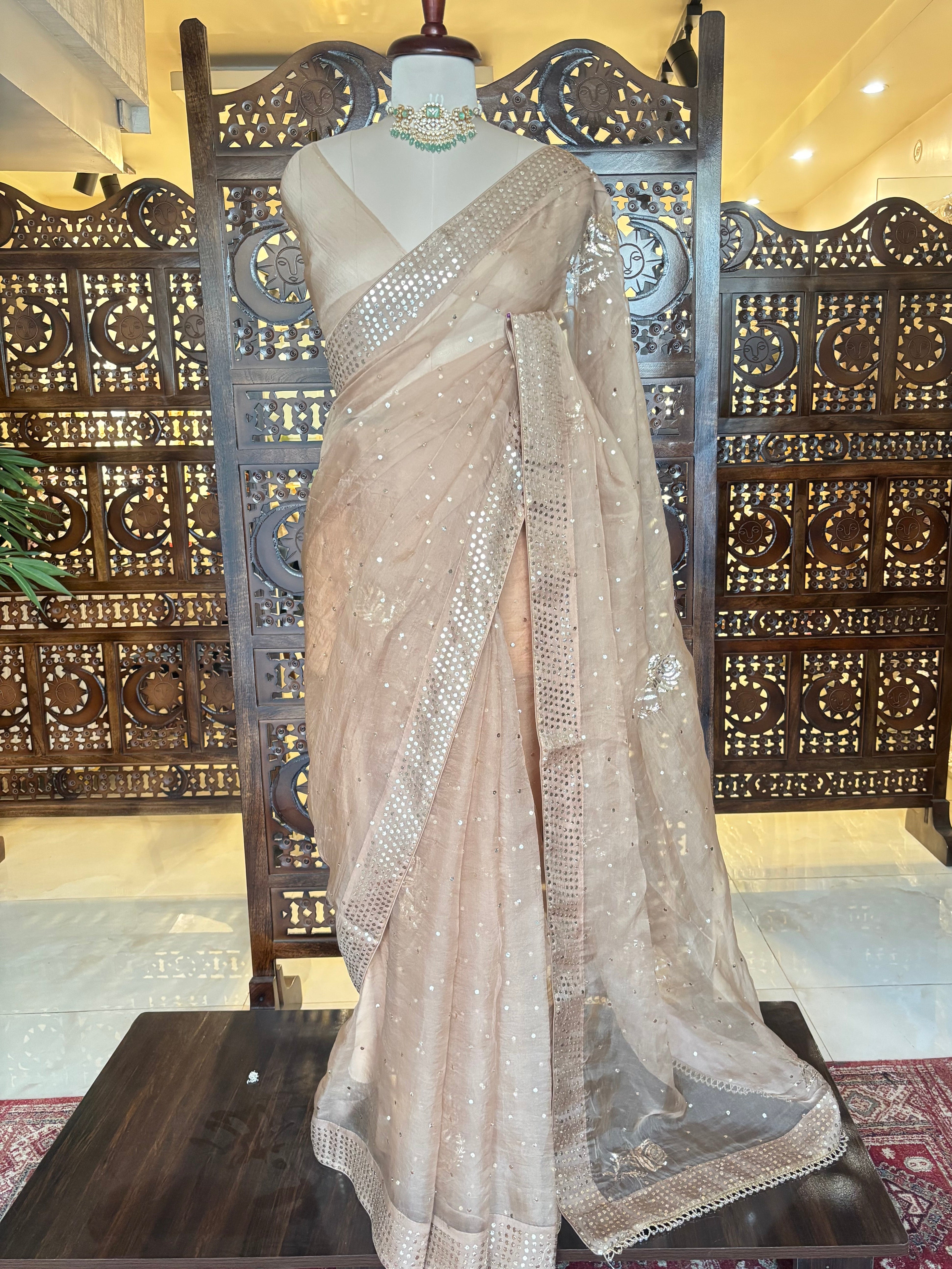 Nude Beige Pure Organza Mukaish Saree