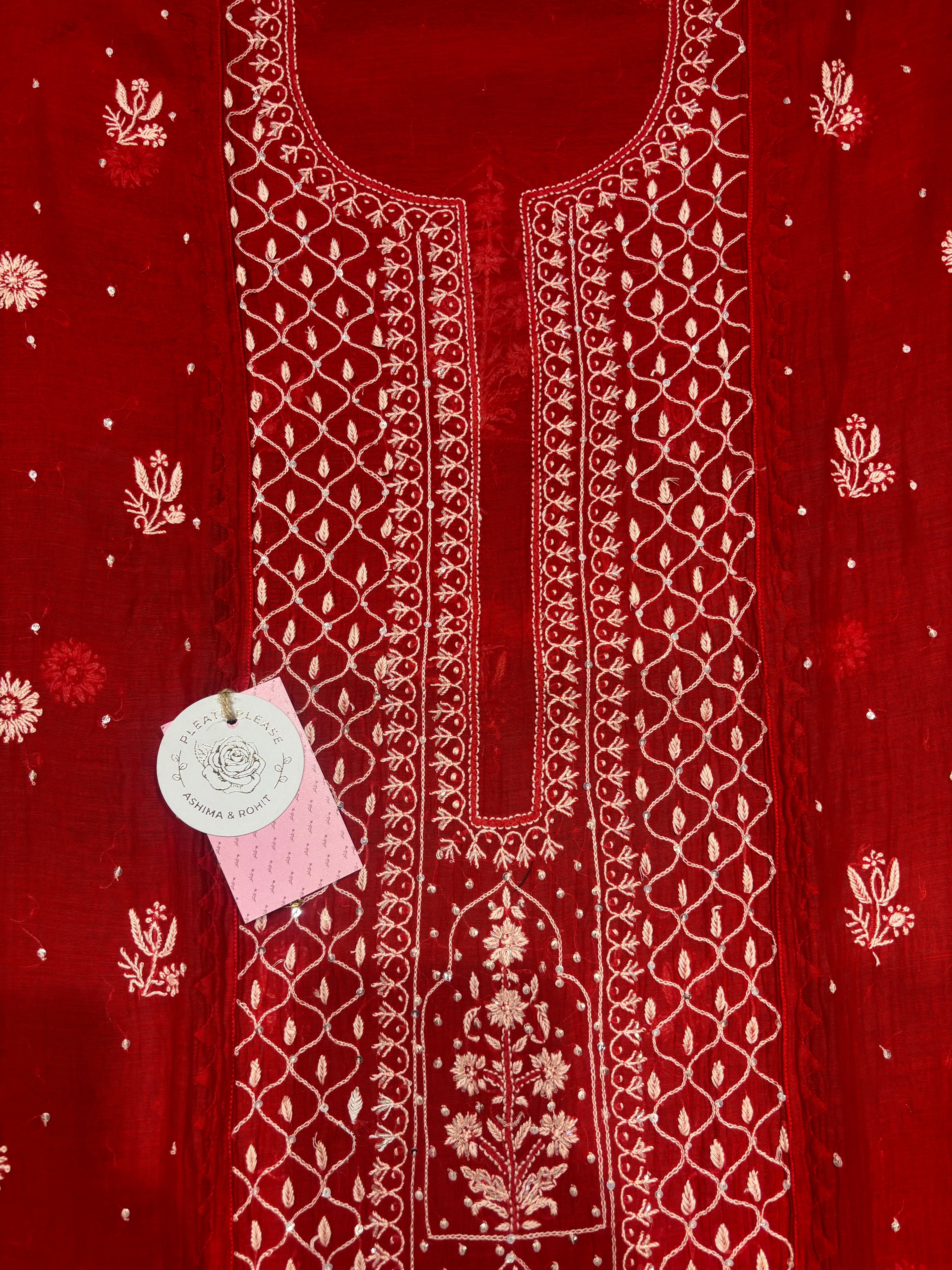 Red Chanderi Mul Chikankari Kurta and Dupatta Set