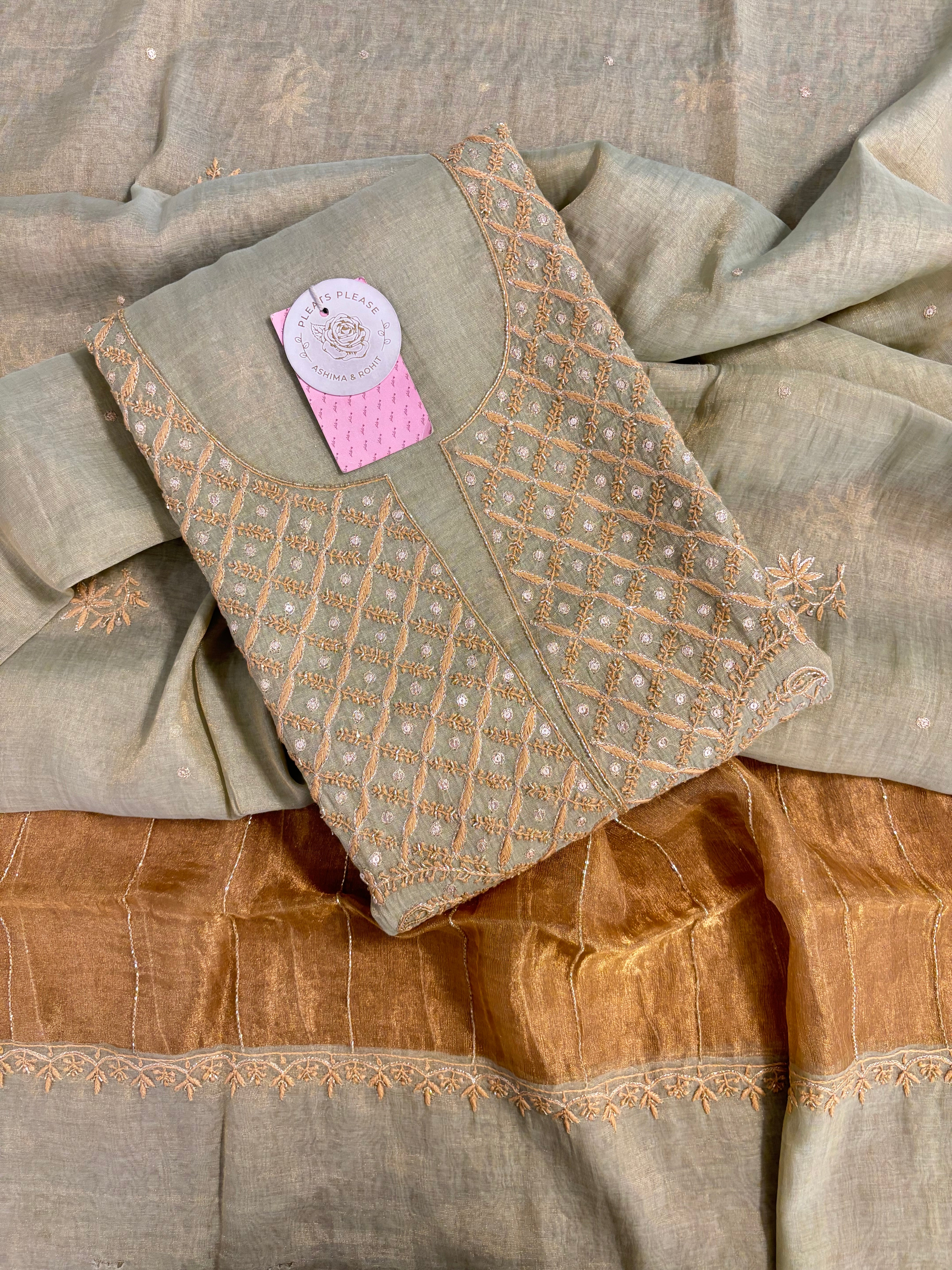 Sage Green Pure & Premium Tissue Chikankari Kurta & Dupatta