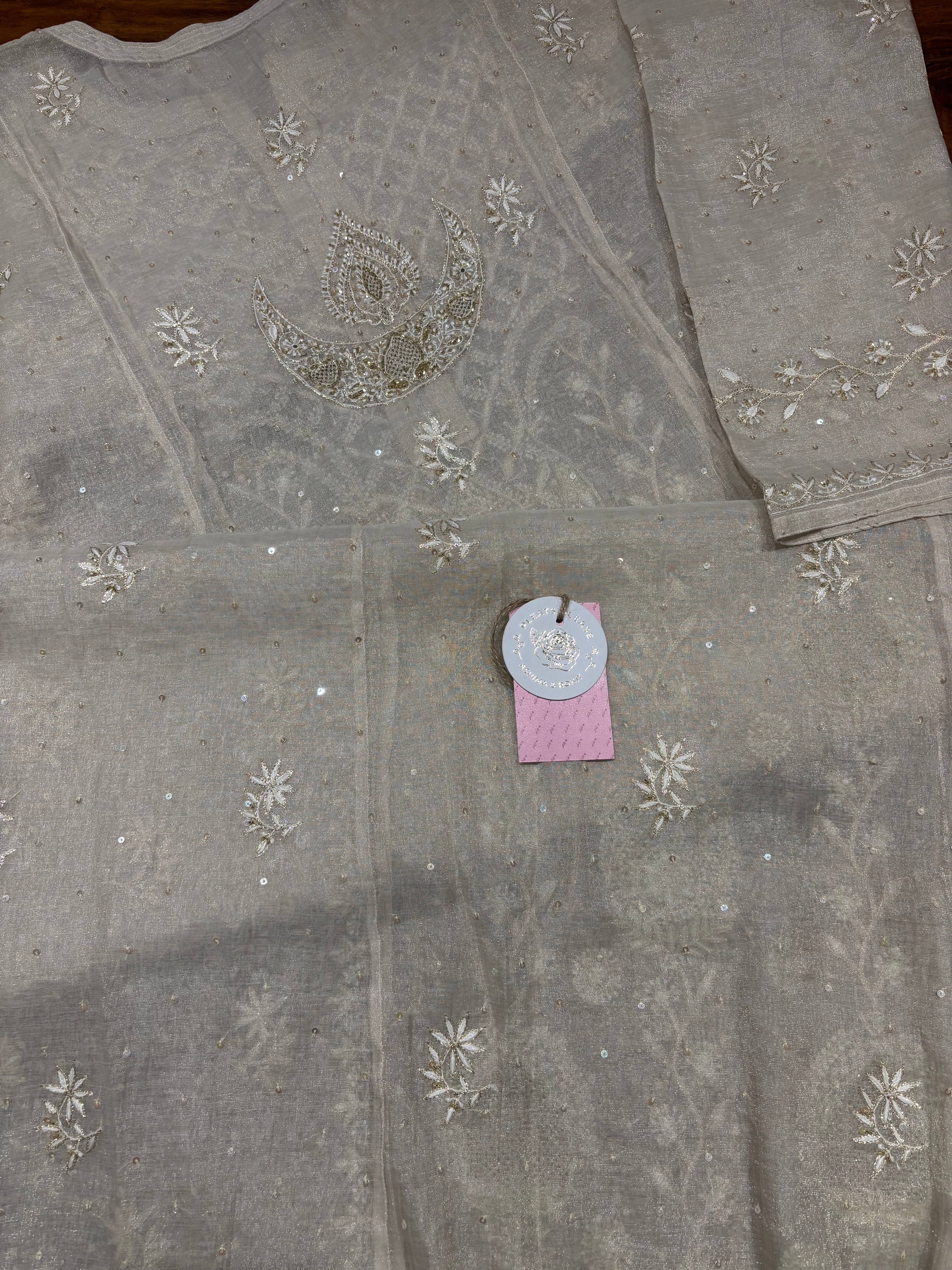 Dyeable Pure and Premium Silver Tissue Chikankari Kurta and Dupatta Set