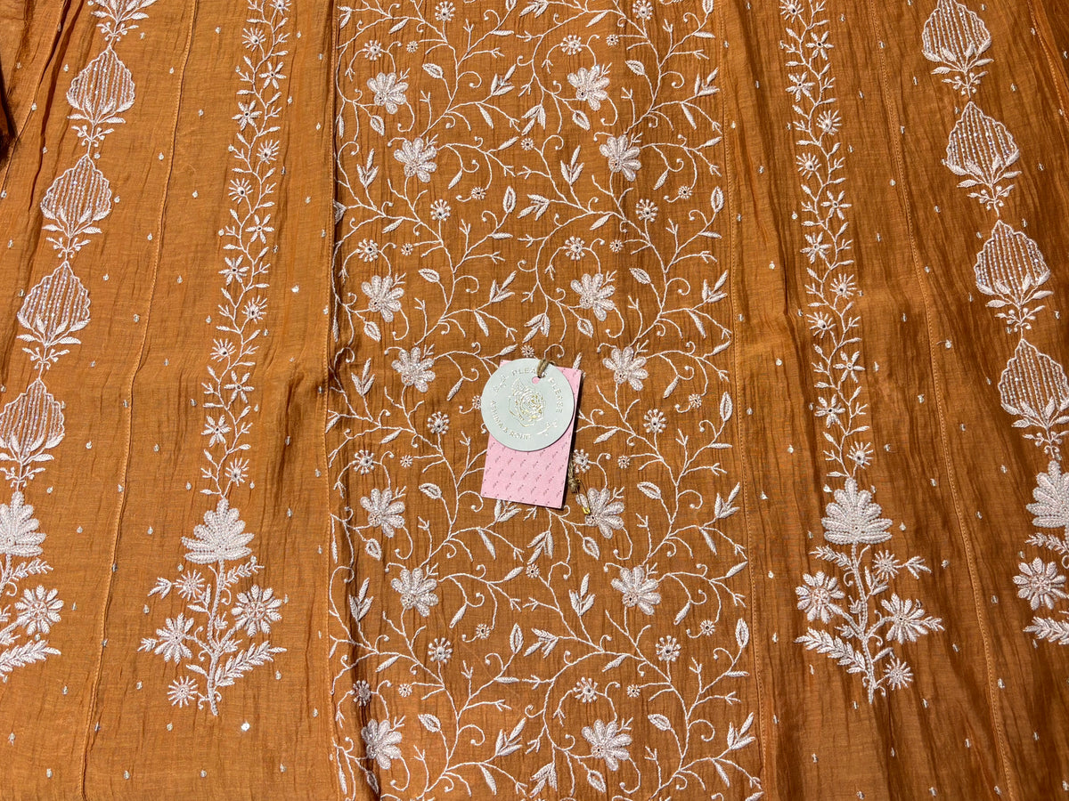 Caramel Brown Chanderi Mul Chikankari A-Line Kurta & Dupatta