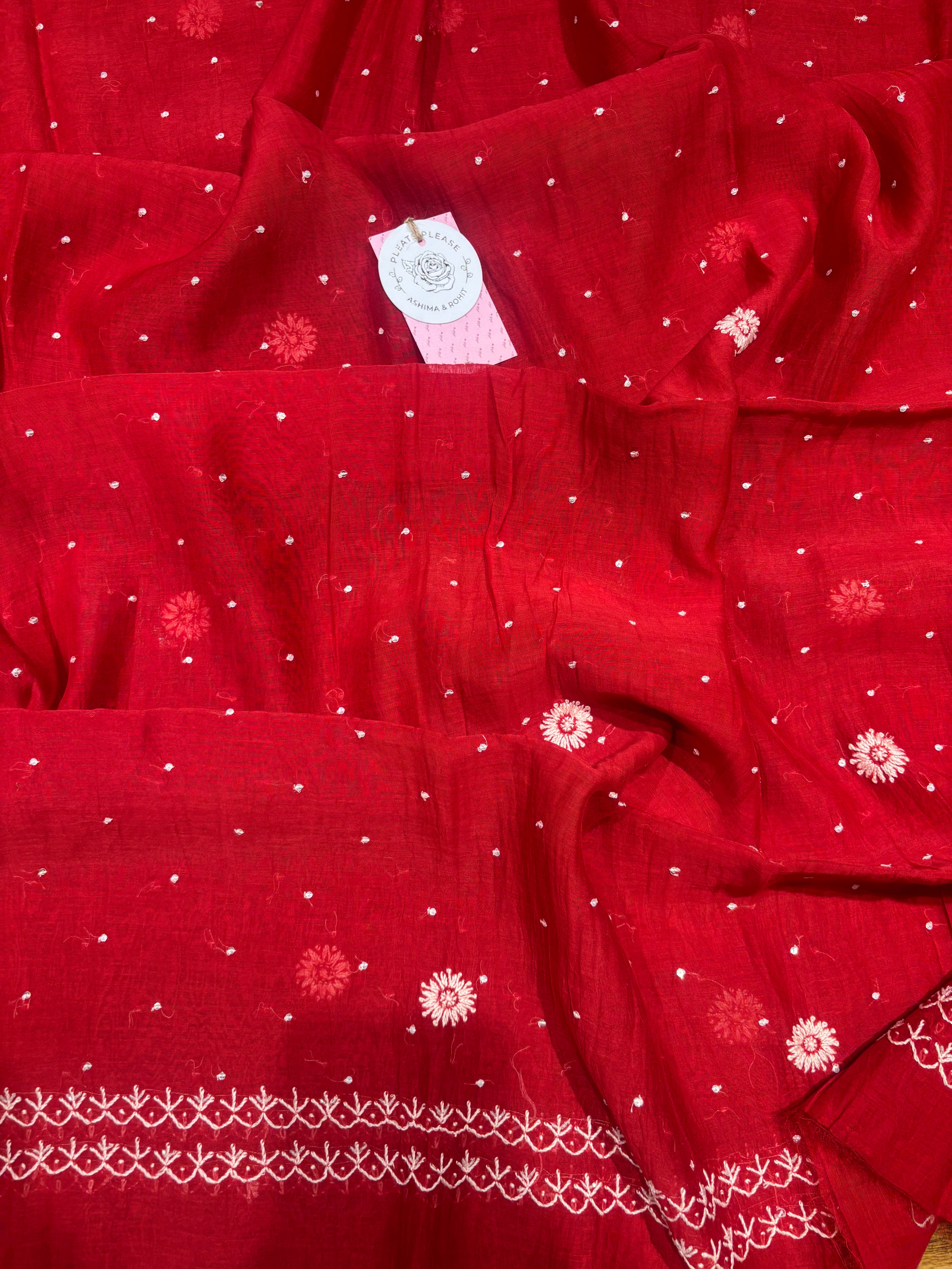 Red Chanderi Mul Chikankari Kurta and Dupatta Set