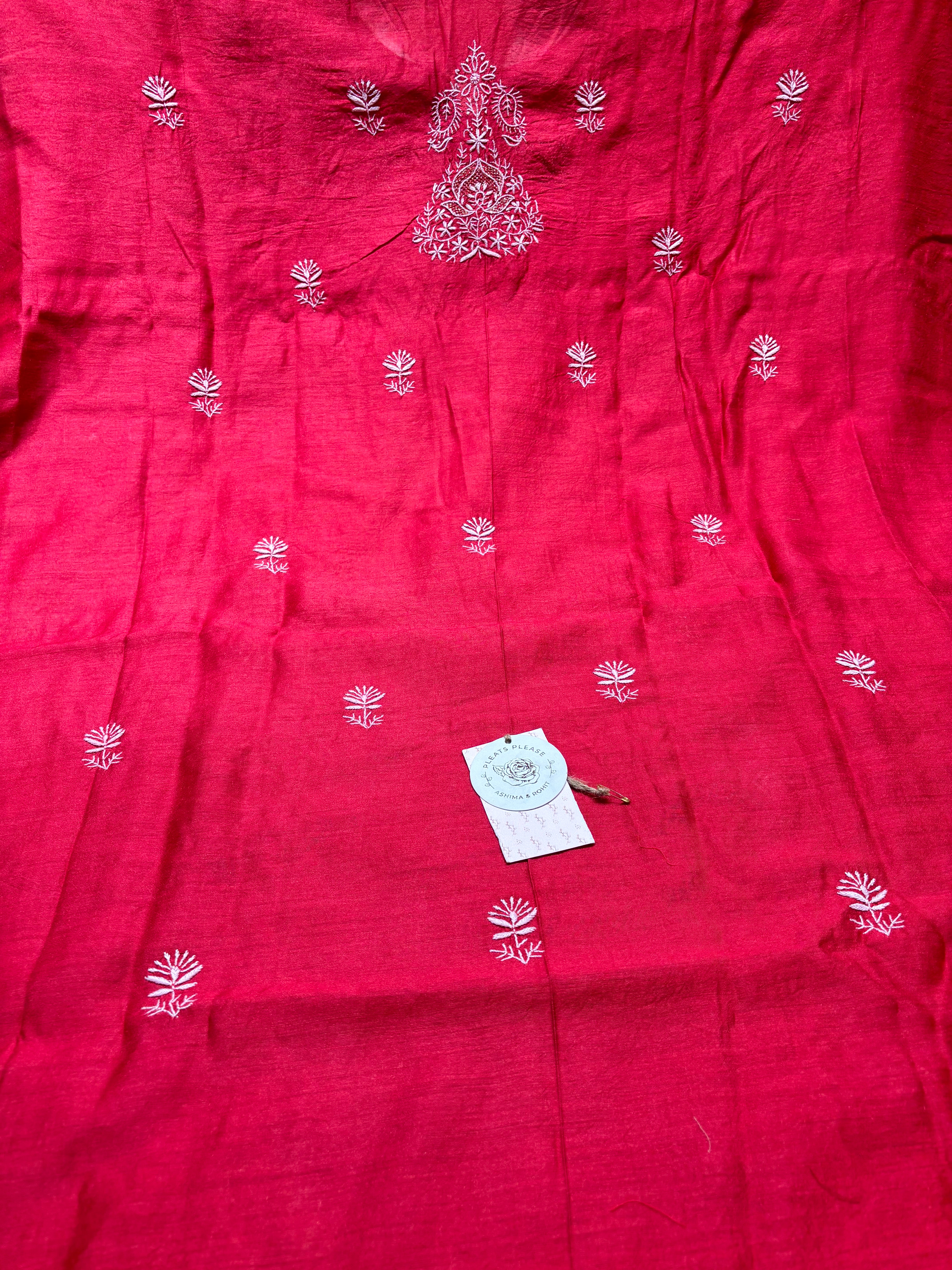 Crimson Red Monga Silk Chikankari Kurta And Dupatta Fabric