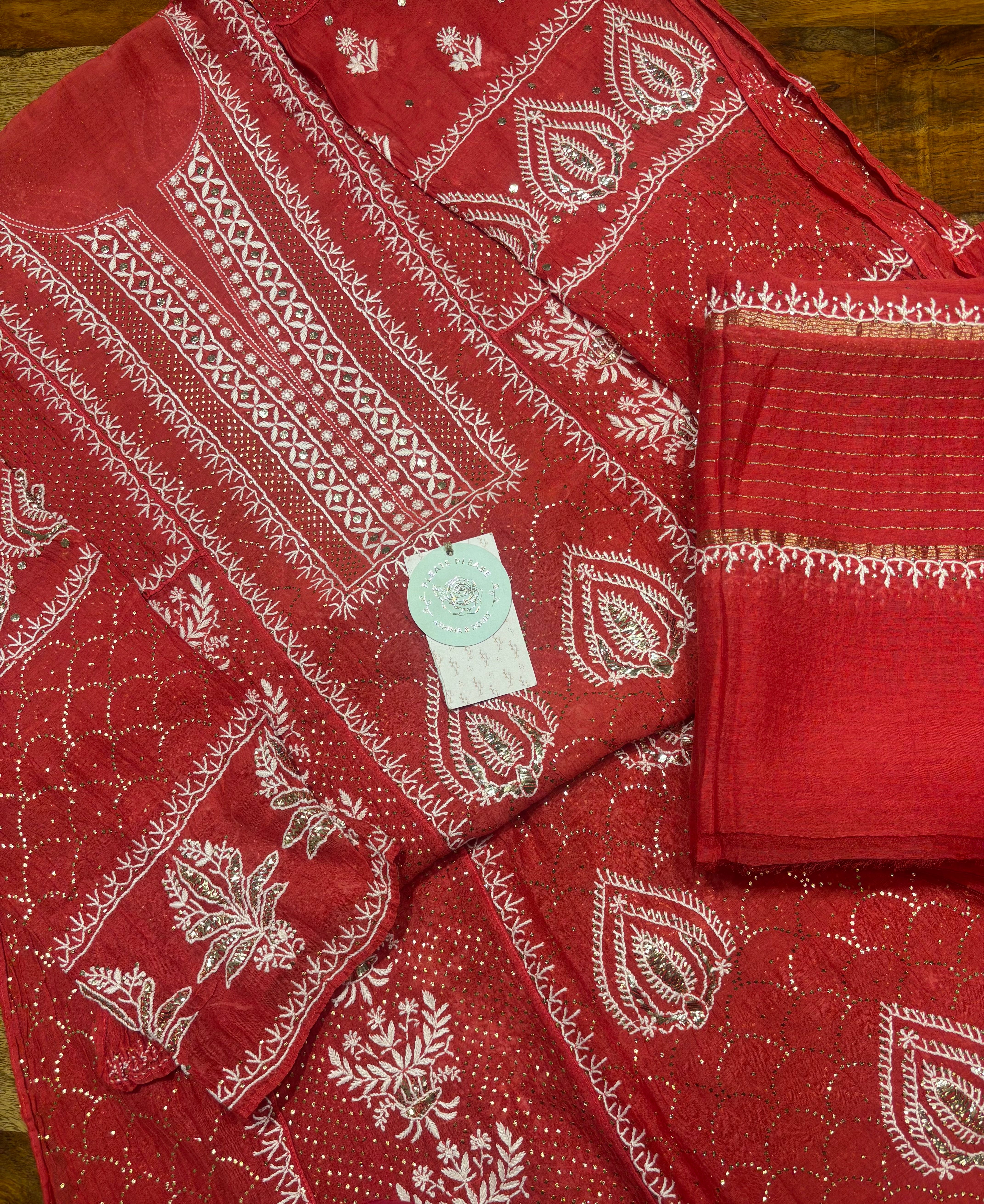 Red Chanderi Mul Chikankari & Mukaish Anarkali & Dupatta Set