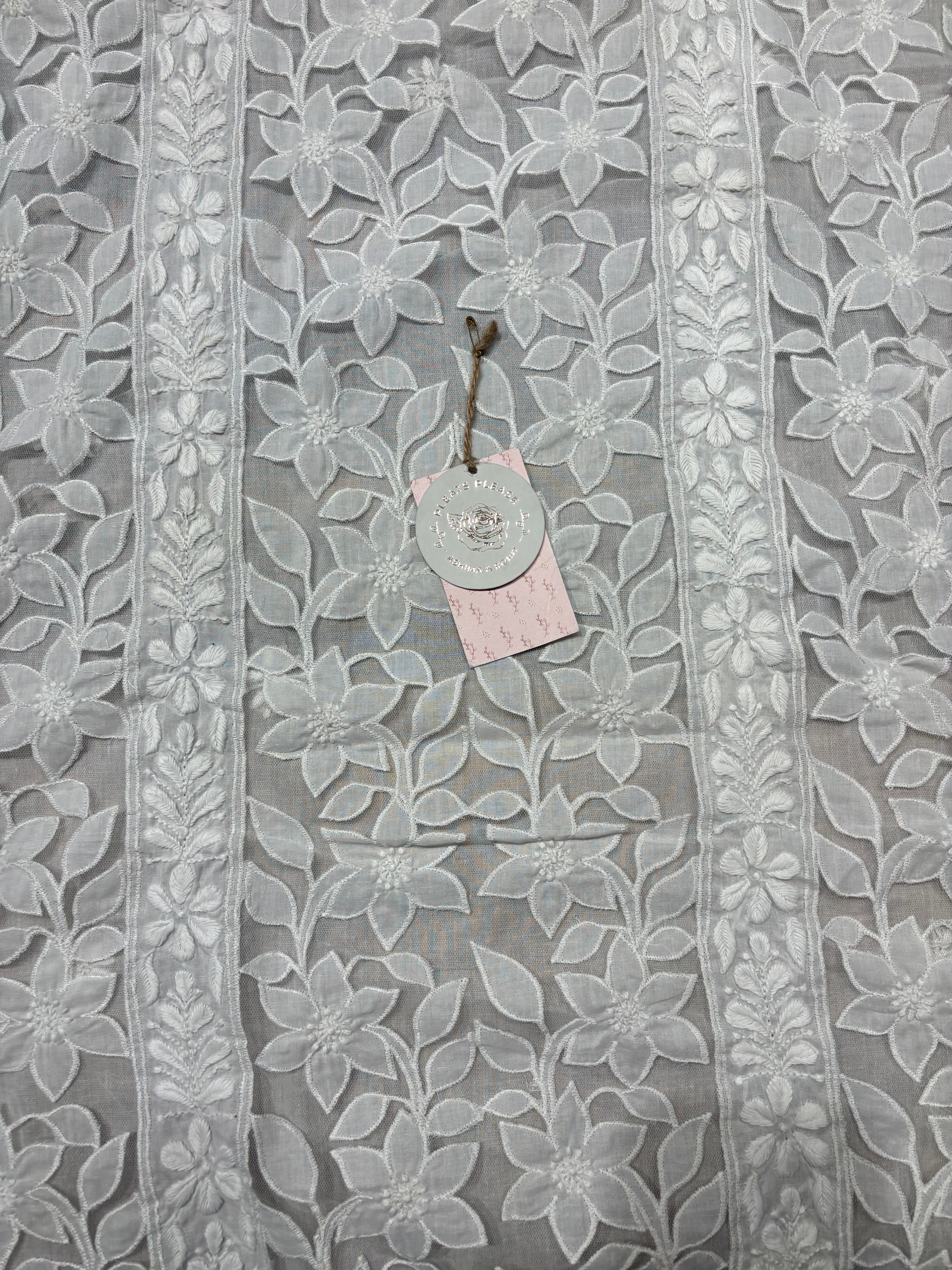 White Mulmul Soft Net Chikankari Applique Kurta And Dupatta Fabric