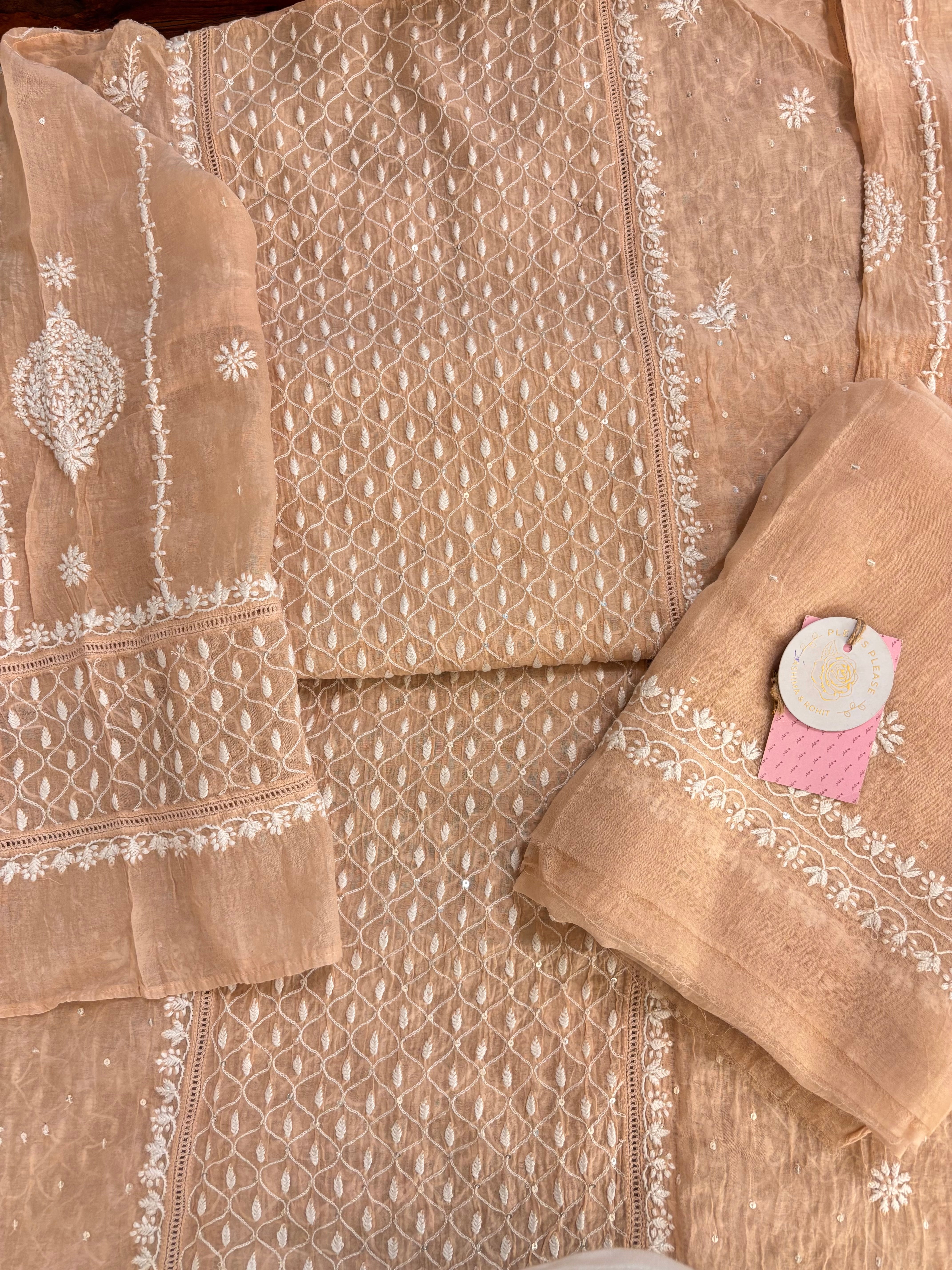 Peach Chanderi Chikankari Kurta & Dupatta