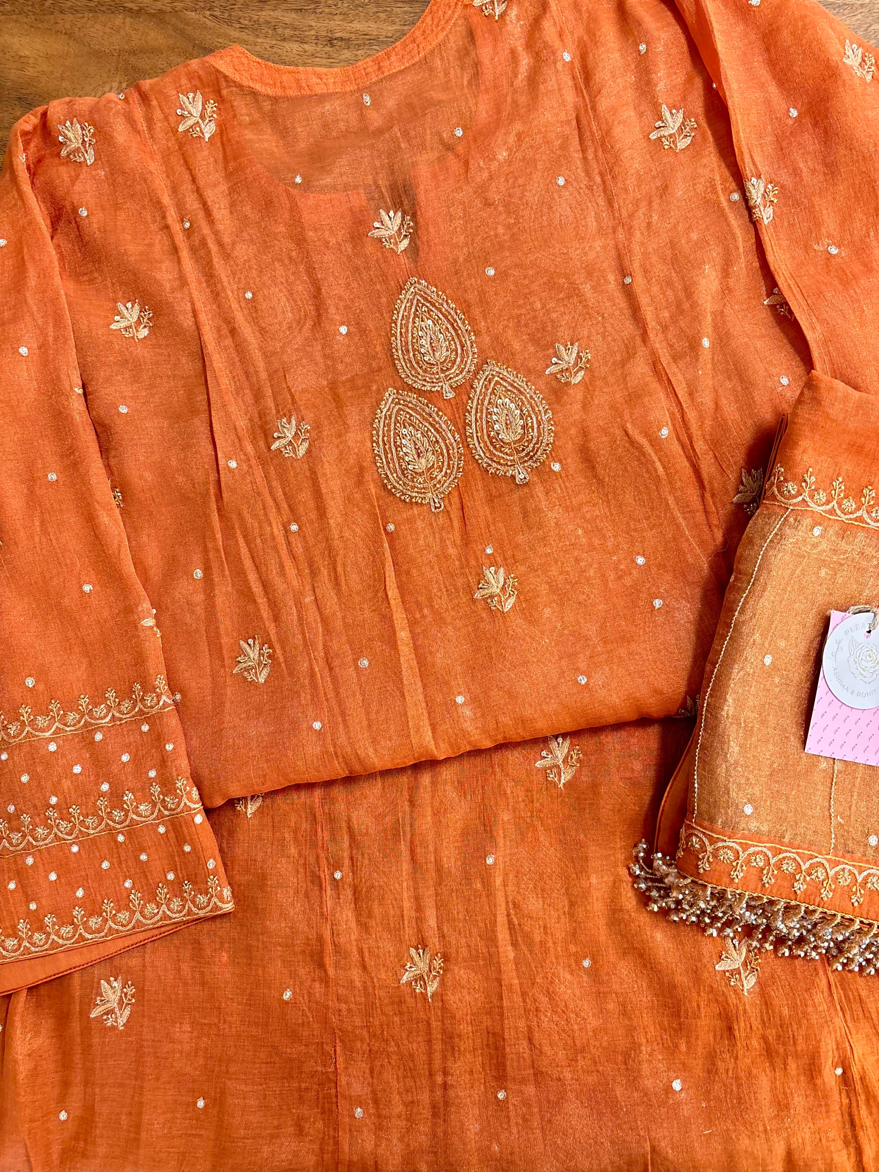 Burnt Orange Pure Tissue Chikankari Kurta & Dupatta