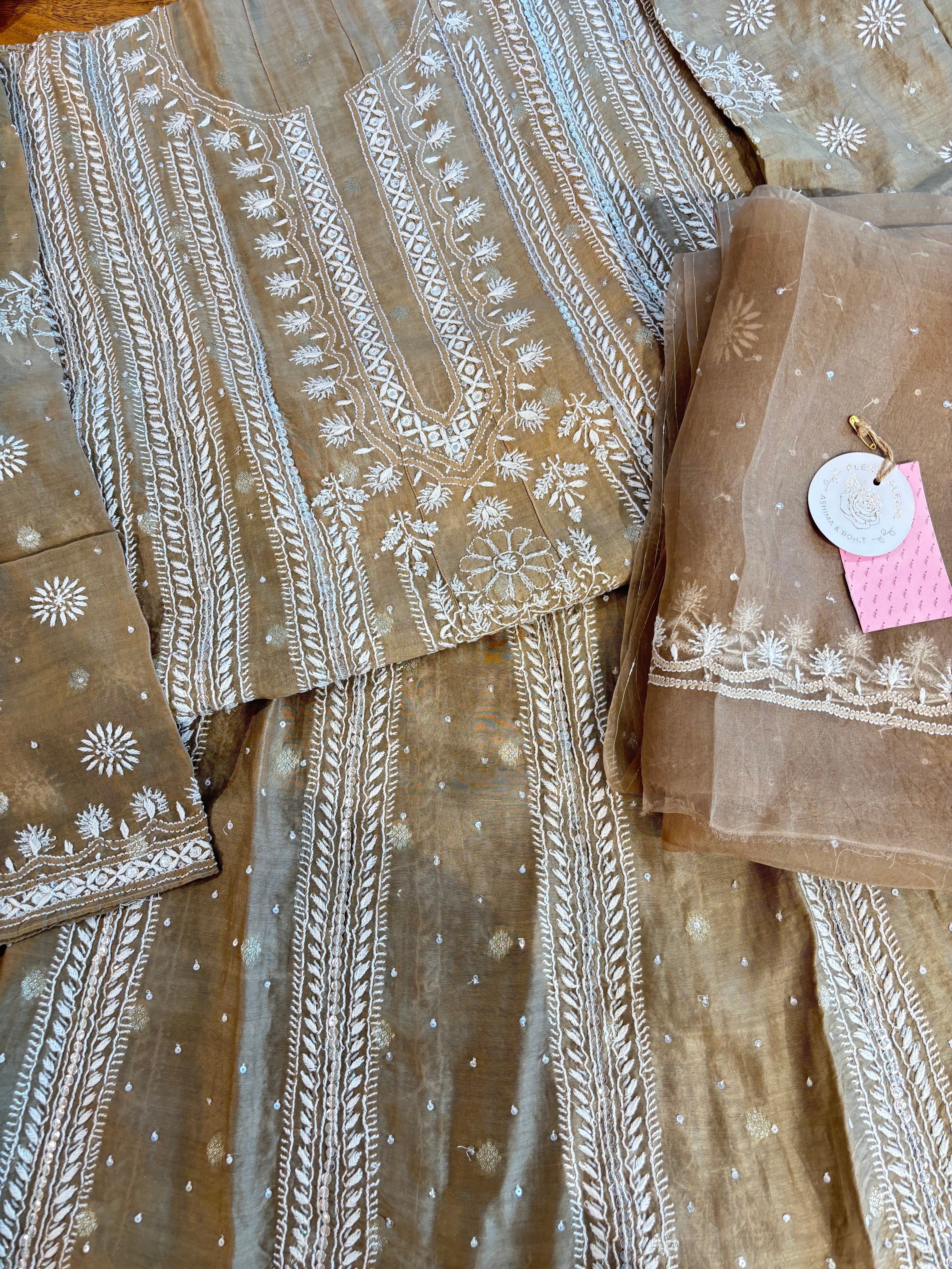 Brown Chanderi Chikankari Anarkali With Organza Dupatta